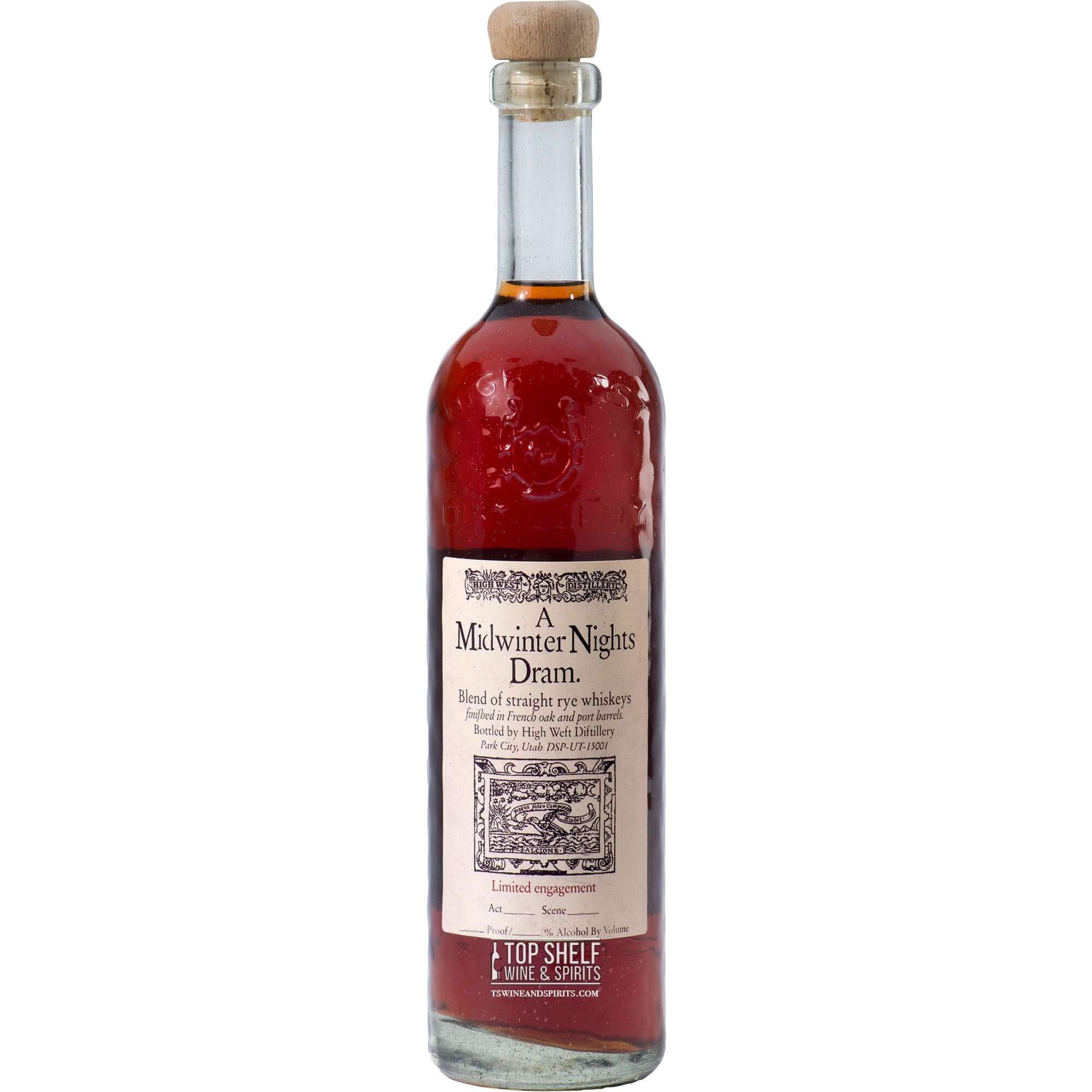 Bottle of High West A Midwinter Night's Dram Act 11 whiskey, a blend of straight rye whiskeys finished in Port barrels.