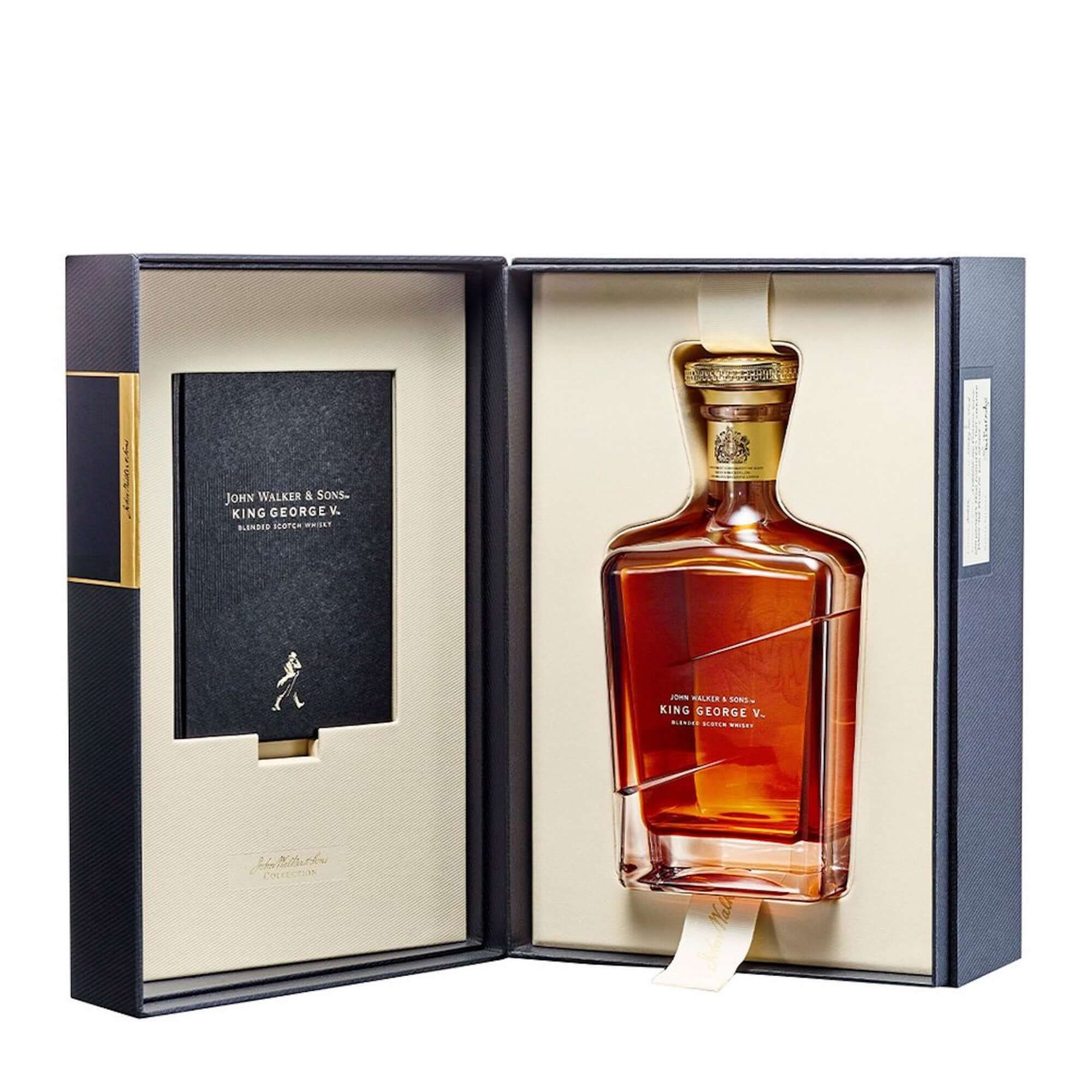 Johnnie Walker King George V whisky bottle in elegant gift box with a booklet, showcasing luxury and history.