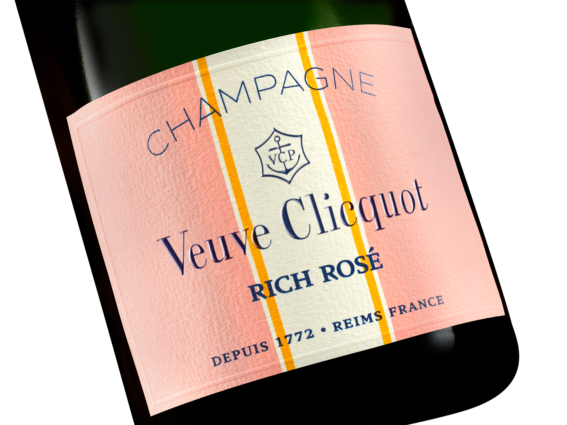 Veuve Clicquot RICH Rosé Champagne bottle with pink label, perfect for summer celebrations.