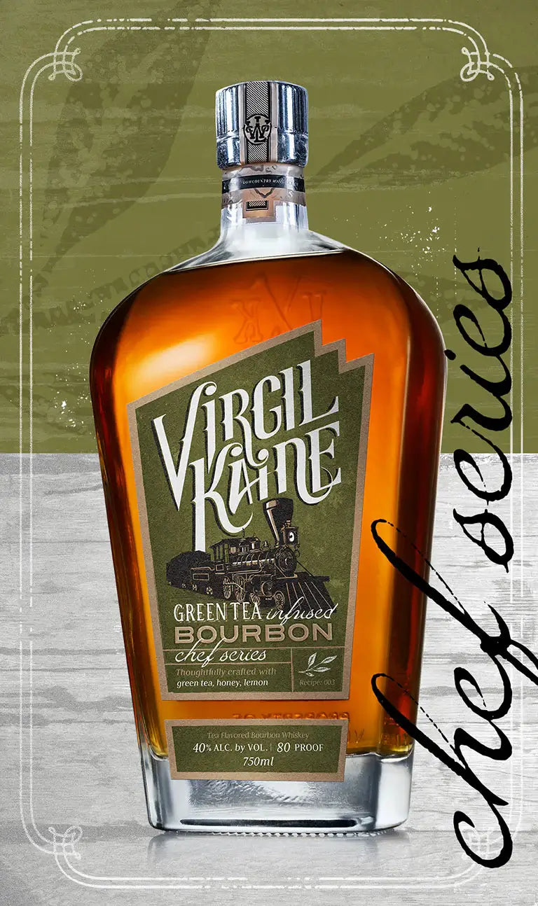 Virgil Kaine Green Tea Infused Bourbon bottle featuring herbal notes and chef series branding.