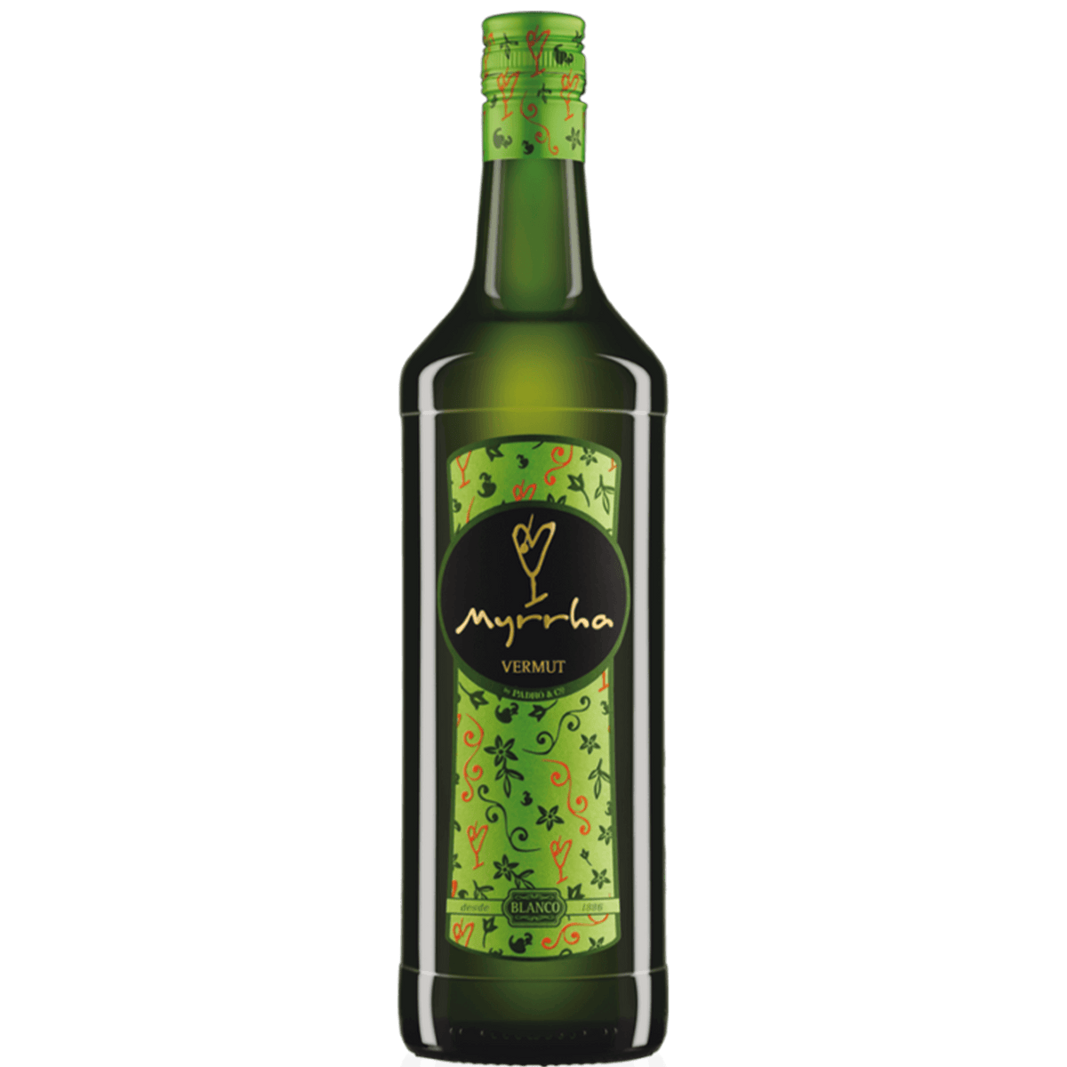 Myrrha Blanco Vermut bottle, 1L, featuring vibrant green label with floral design, 15% ABV, aromatic infusion.
