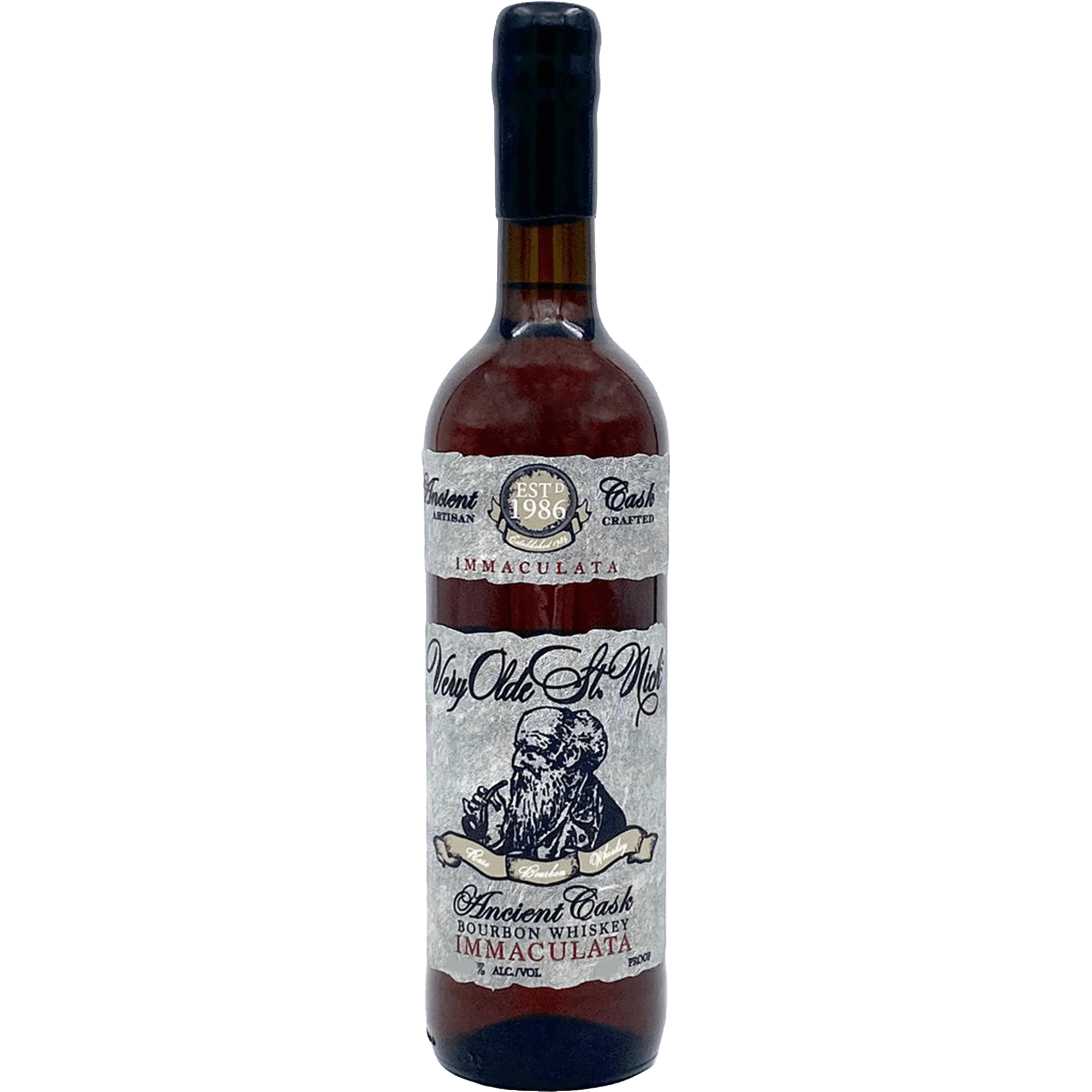 Very Olde St. Nick Immaculata Ancient Cask Bourbon bottle with rich amber color and vintage label.