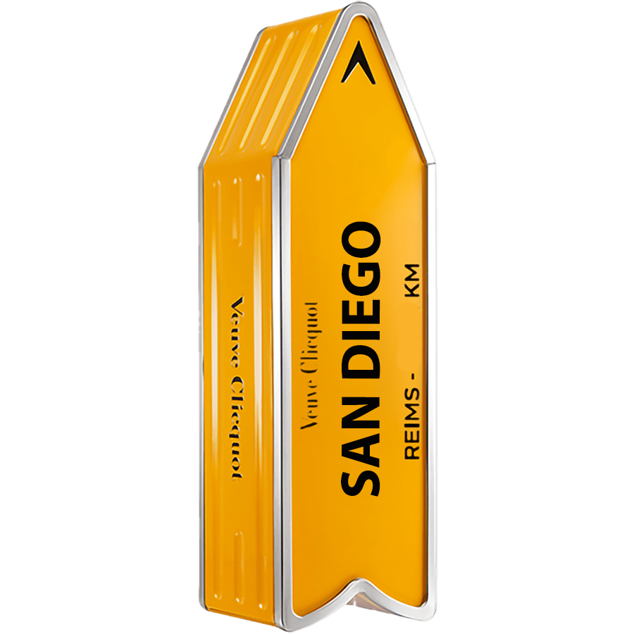 Veuve Clicquot Brut Yellow with San Diego arrow, showcasing bright yellow design and quality craftsmanship.