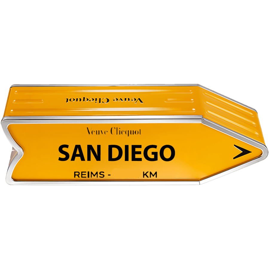 Veuve Clicquot Brut Yellow sign pointing to San Diego with vibrant yellow color and stylish design.