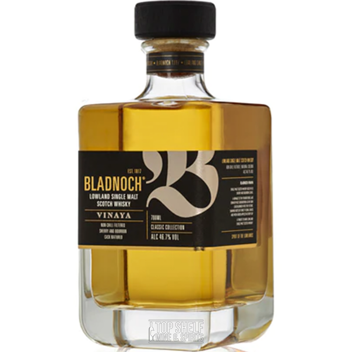 Bladnoch Vinaya Classic Collection Lowland Single Malt bottle with stylish label, showcasing rich amber whisky.