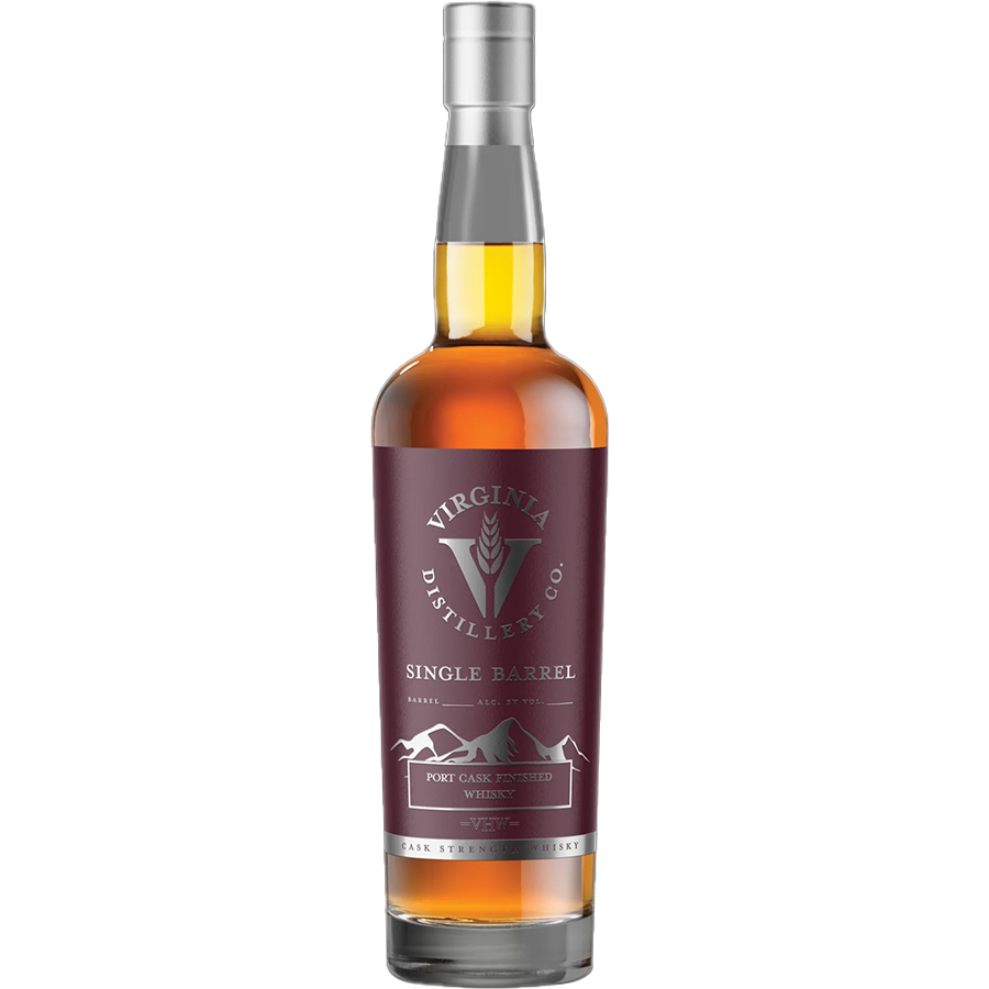 Virginia Distillery Co. Single Barrel Port Cask Finished Whiskey in a bottle with rich amber color.