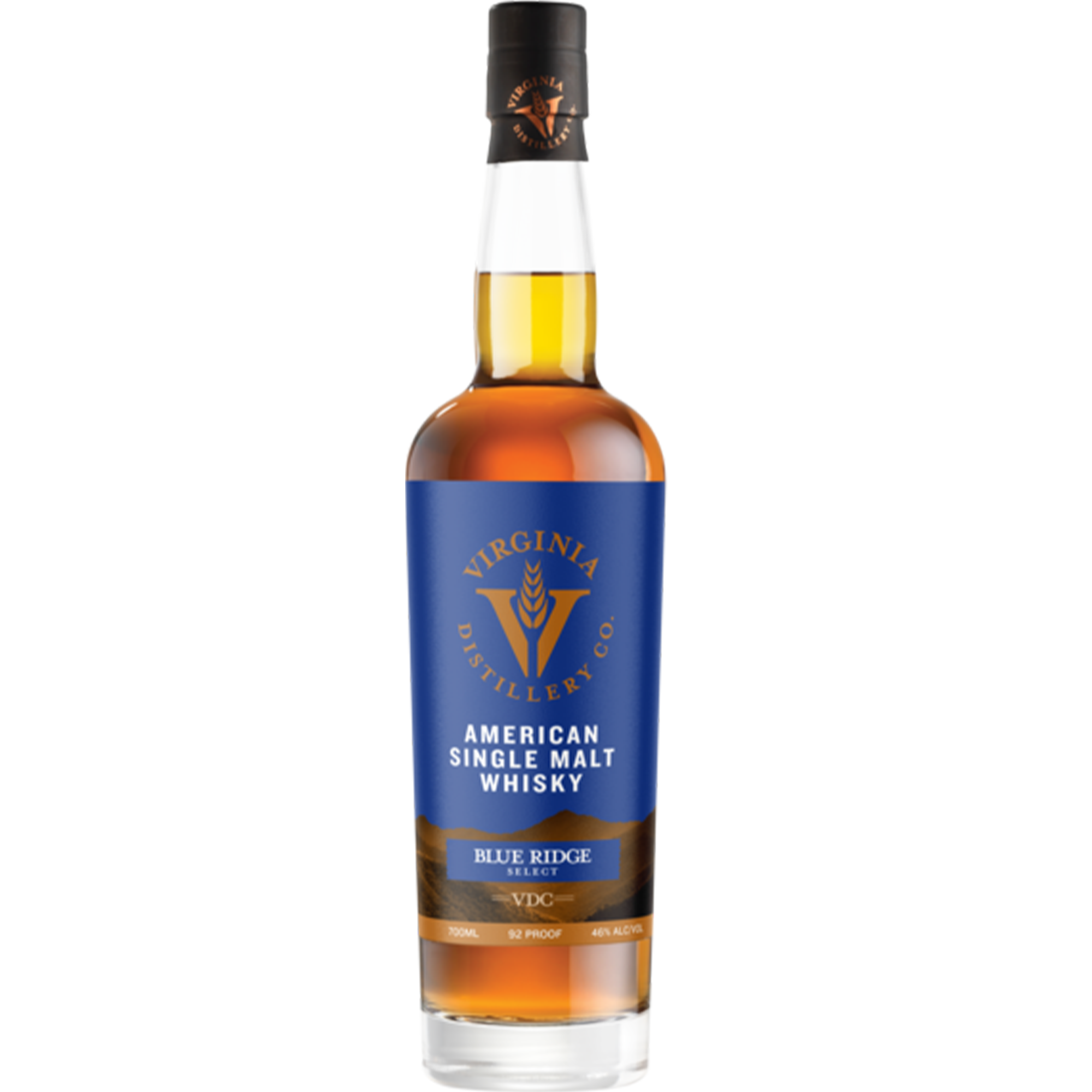 Virginia Distilling Co. Blue Ridge Select Whisky bottle, American Single Malt, crafted from local barley and spring water.