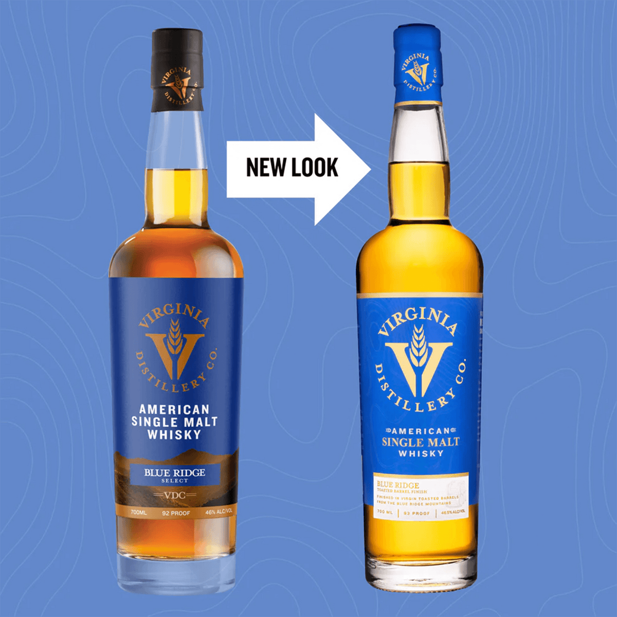 Virginia Distilling Co. Blue Ridge Whisky, showcasing new label design and premium quality American single malt.