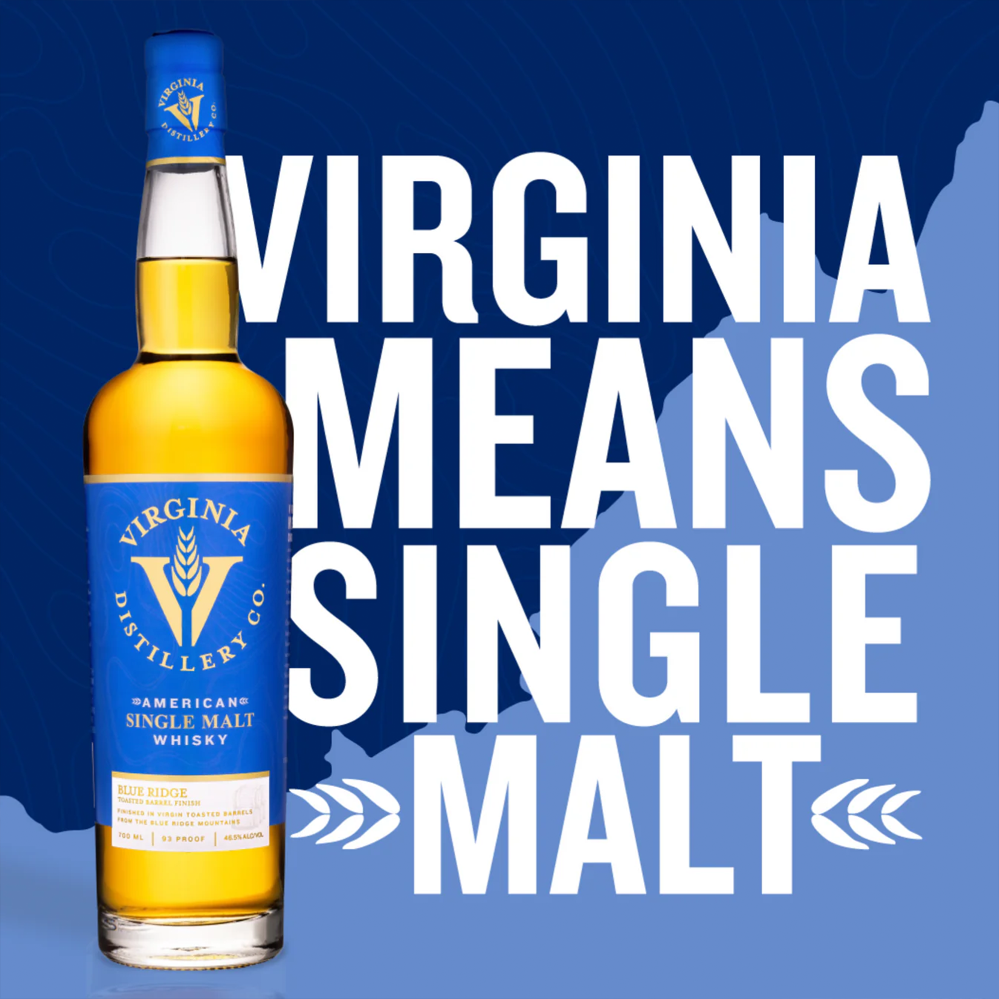 Virginia Distilling Co. Blue Ridge Select Whisky bottle showcasing American single malt with bold text design.