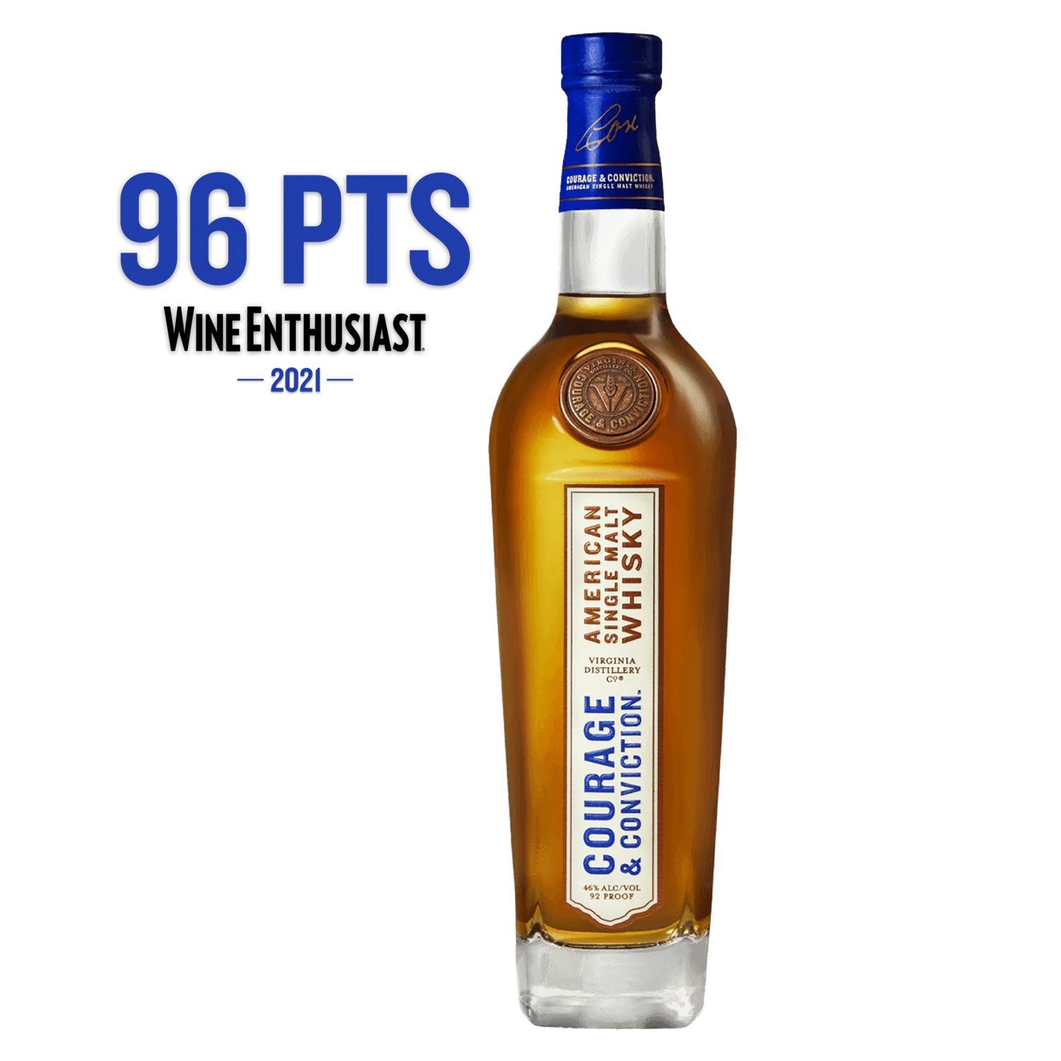 Virginia Distillery Co. Courage & Conviction American Single Malt Whisky bottle awarded 96 points.