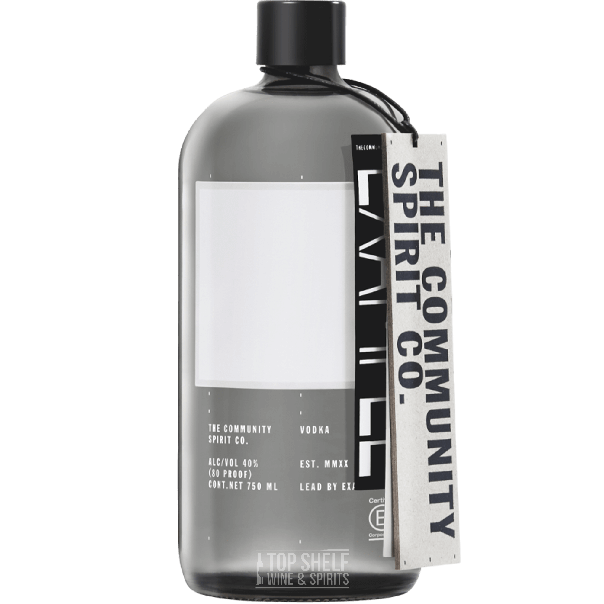 The Community Spirit Vodka bottle showcasing a sleek design, 80 proof, and 750 ml size.