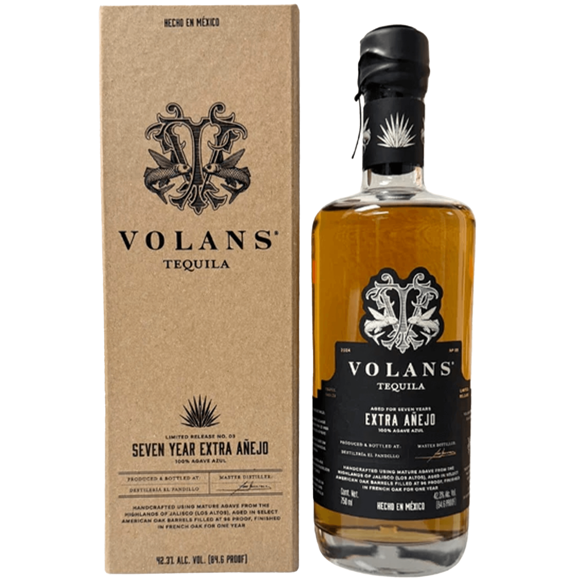 Volans 7 Year Extra Añejo Tequila bottle and packaging, showcasing its rich amber color and elegant design.