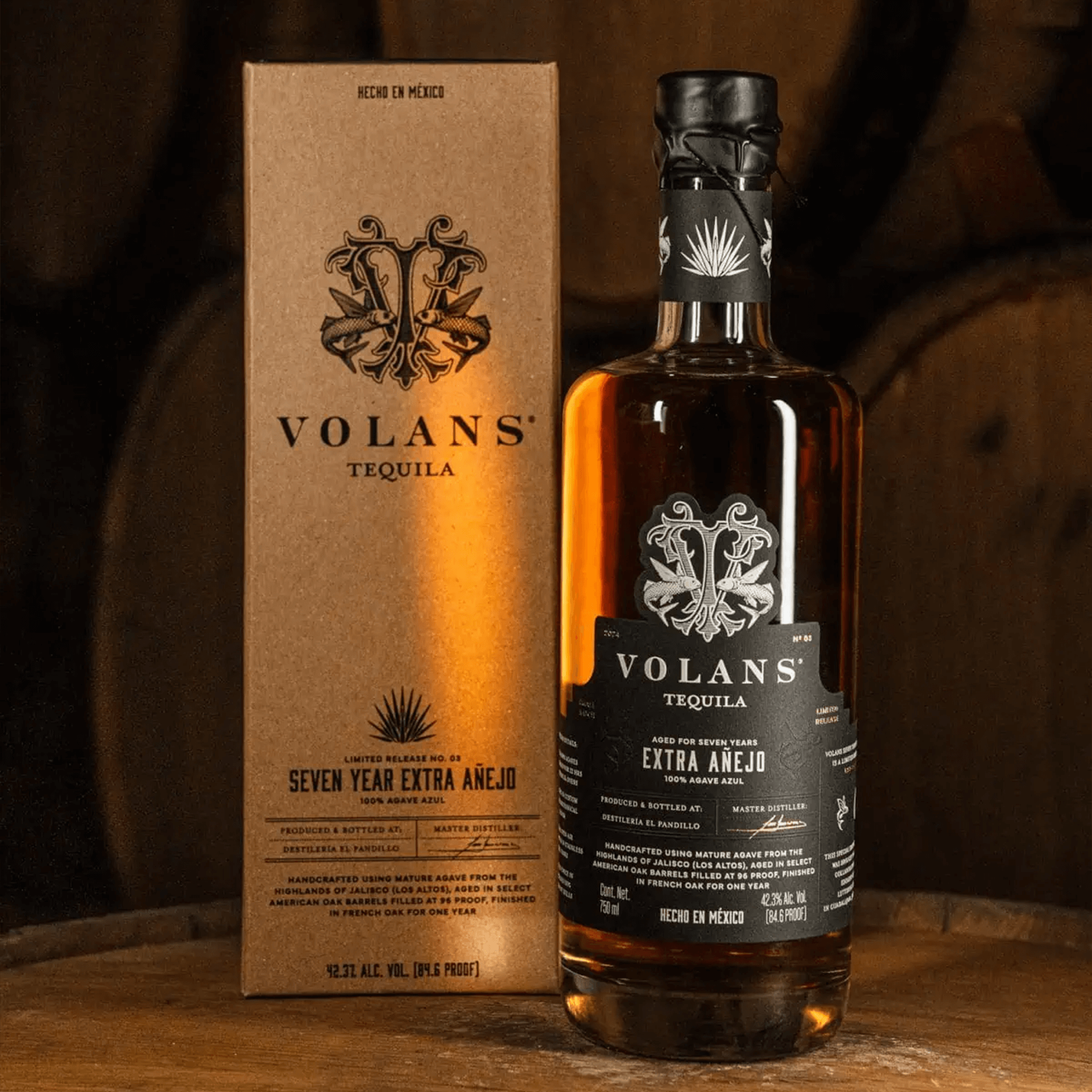 Volans 7 Year Extra Añejo Tequila bottle and packaging, crafted from Blue Weber agaves, aged in oak barrels.