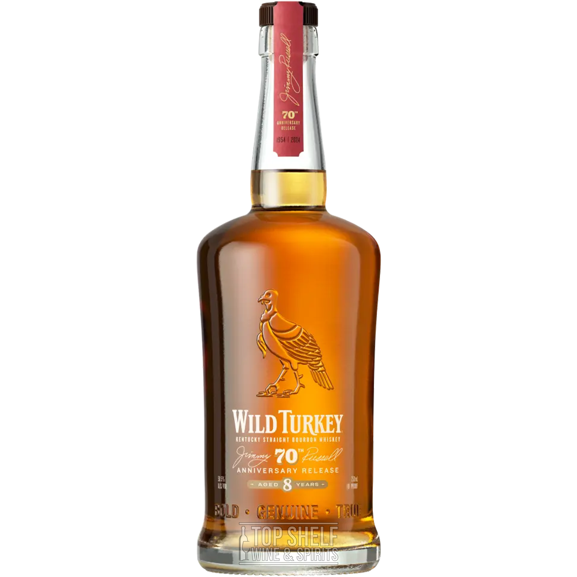 Wild Turkey Jimmy Russell's 70th Anniversary 8-Year Bourbon bottle on white background, celebrating a bourbon legacy.