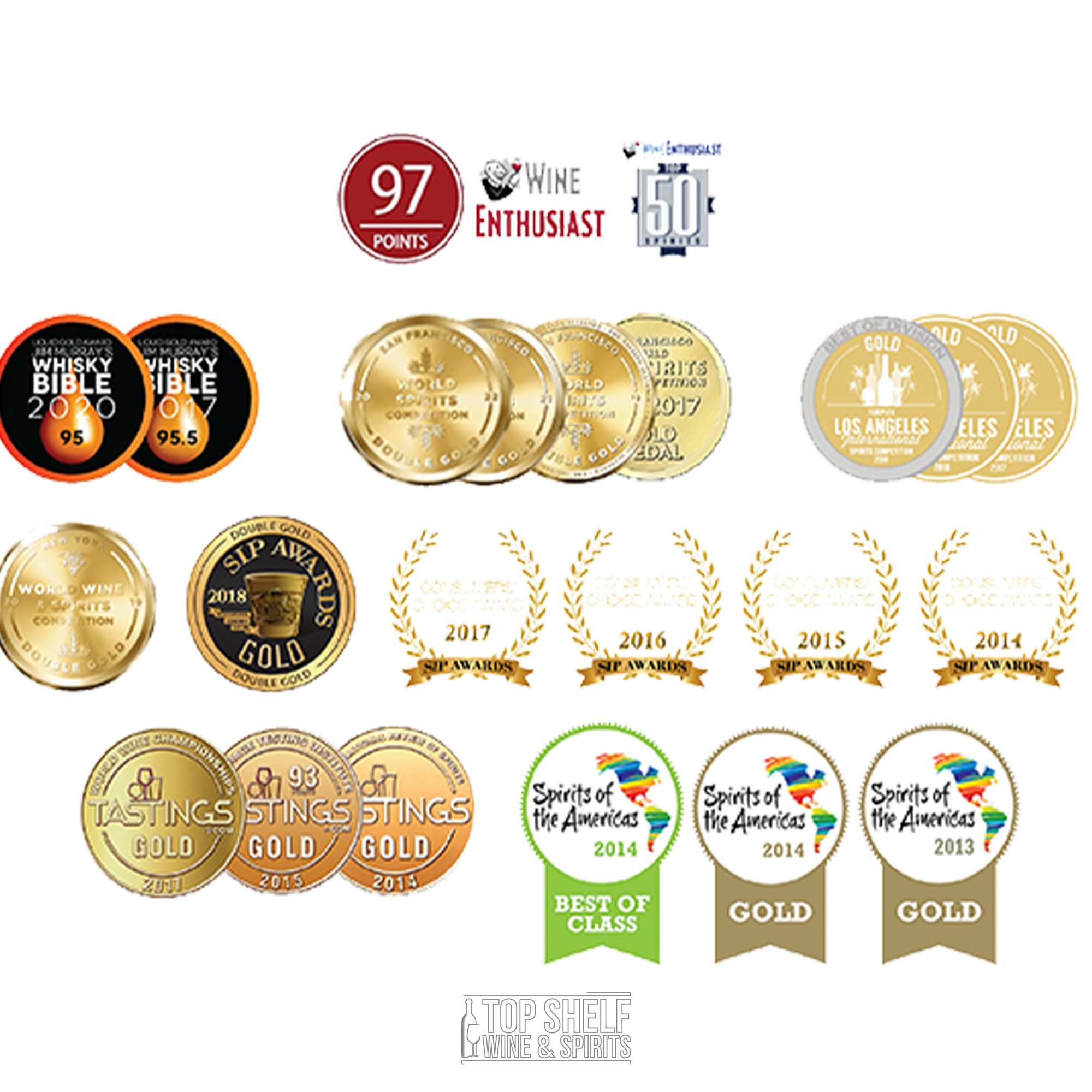 Awards and medals for Hillrock Single Malt OPX Whiskey, showcasing top scores and recognition in competitions.