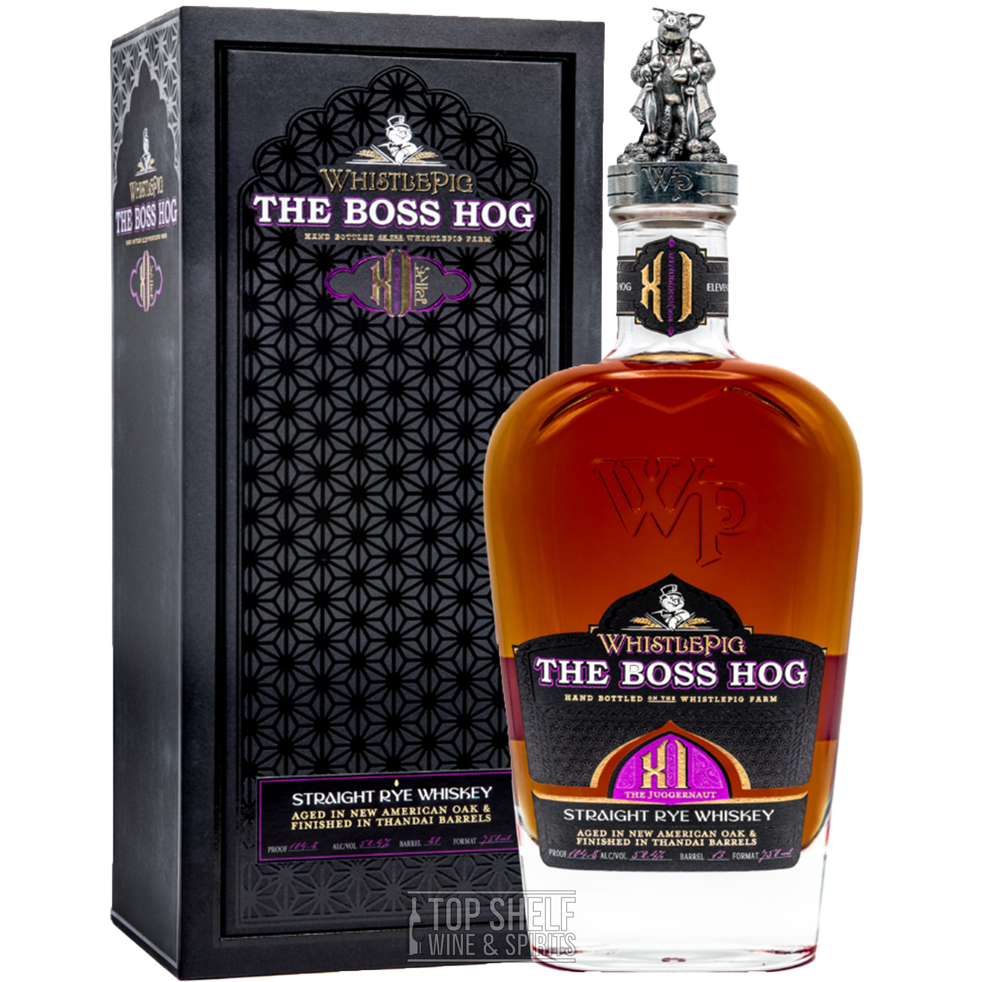 Whistlepig Boss Hog XI The Juggernaut Rye Whiskey bottle and packaging, showcasing unique Thandai barrel aging.