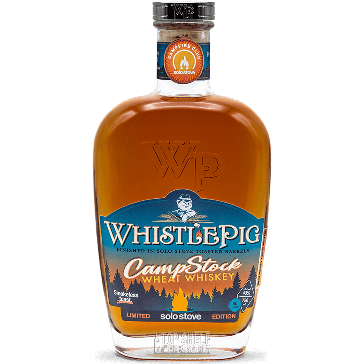 WhistlePig CampStock Wheat Whiskey bottle, finished in Solo Stove barrels, featuring rich amber color and summer vibes.
