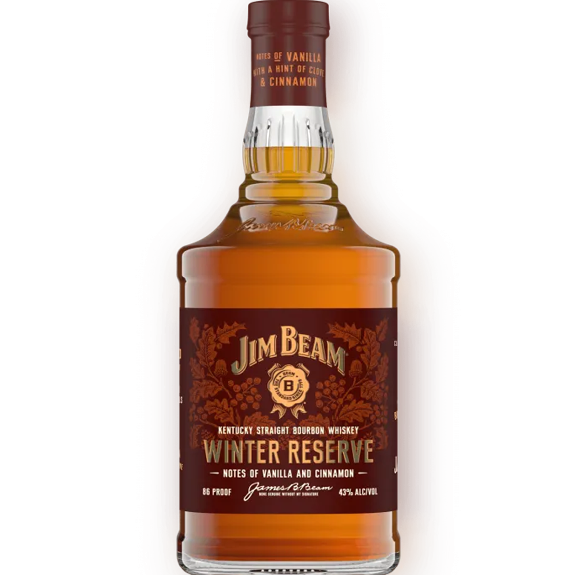 Jim Beam Winter Reserve bourbon bottle showcasing its aromatic notes of vanilla, cinnamon, and clove, aged 6 years.