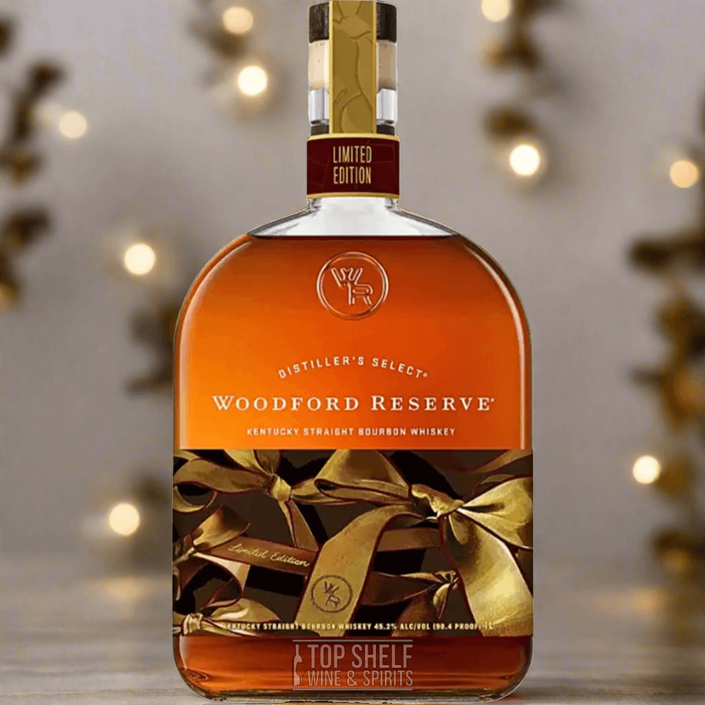 Woodford Reserve 2024 Holiday Edition bourbon bottle with festive ribbon, perfect for gifting and holiday celebrations.