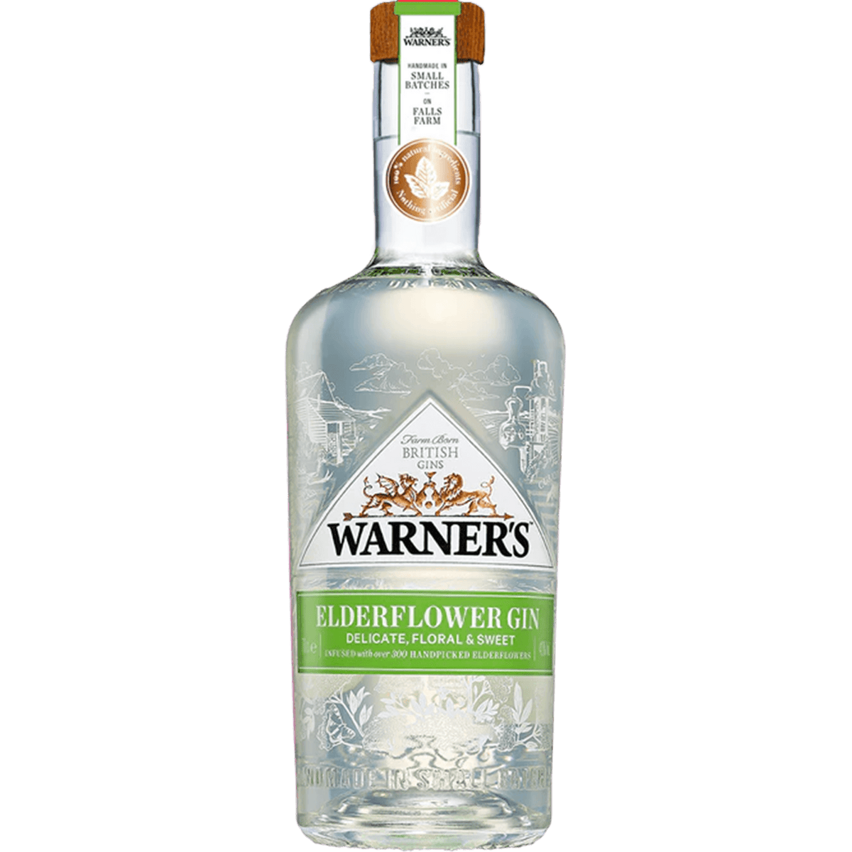 Warner's Elderflower Gin bottle, infused with 300 hand-picked elderflowers, floral and sweet flavor.