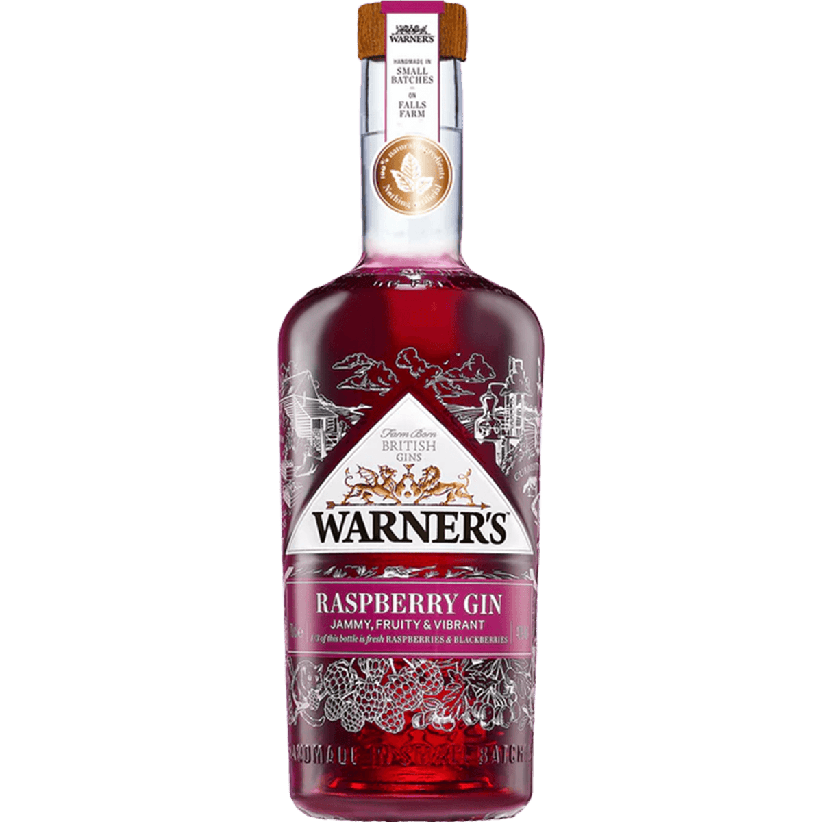 Warner's Raspberry Gin bottle, vibrant red color with rich fruit flavors, showcasing craft distillation and quality ingredients.