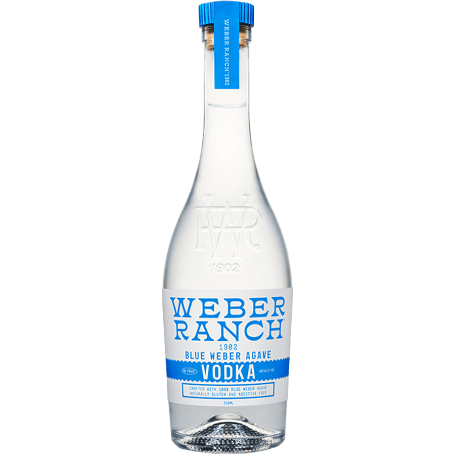 Weber Ranch 1902 Blue Weber Agave Vodka bottle with blue label and cork cap, premium distilled vodka from Jalisco.