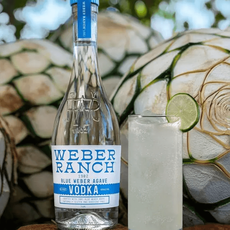 Weber Ranch 1902 Blue Weber Agave Vodka bottle next to a cocktail glass with lime, set against agave plants.