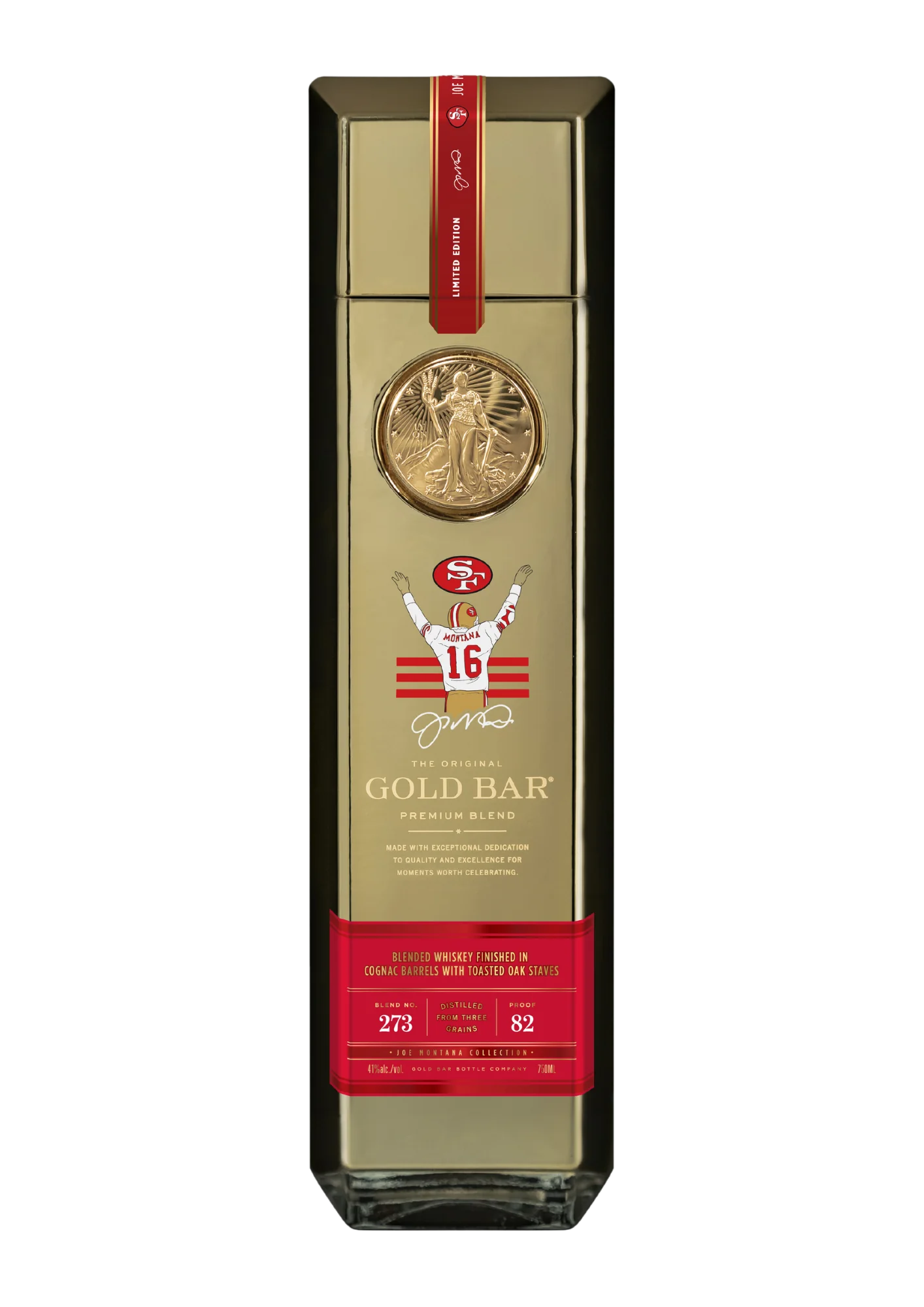 Gold Bar Joe Montana Blend 273 Whiskey bottle featuring signature, San Francisco 49ers design, and iconic illustration.
