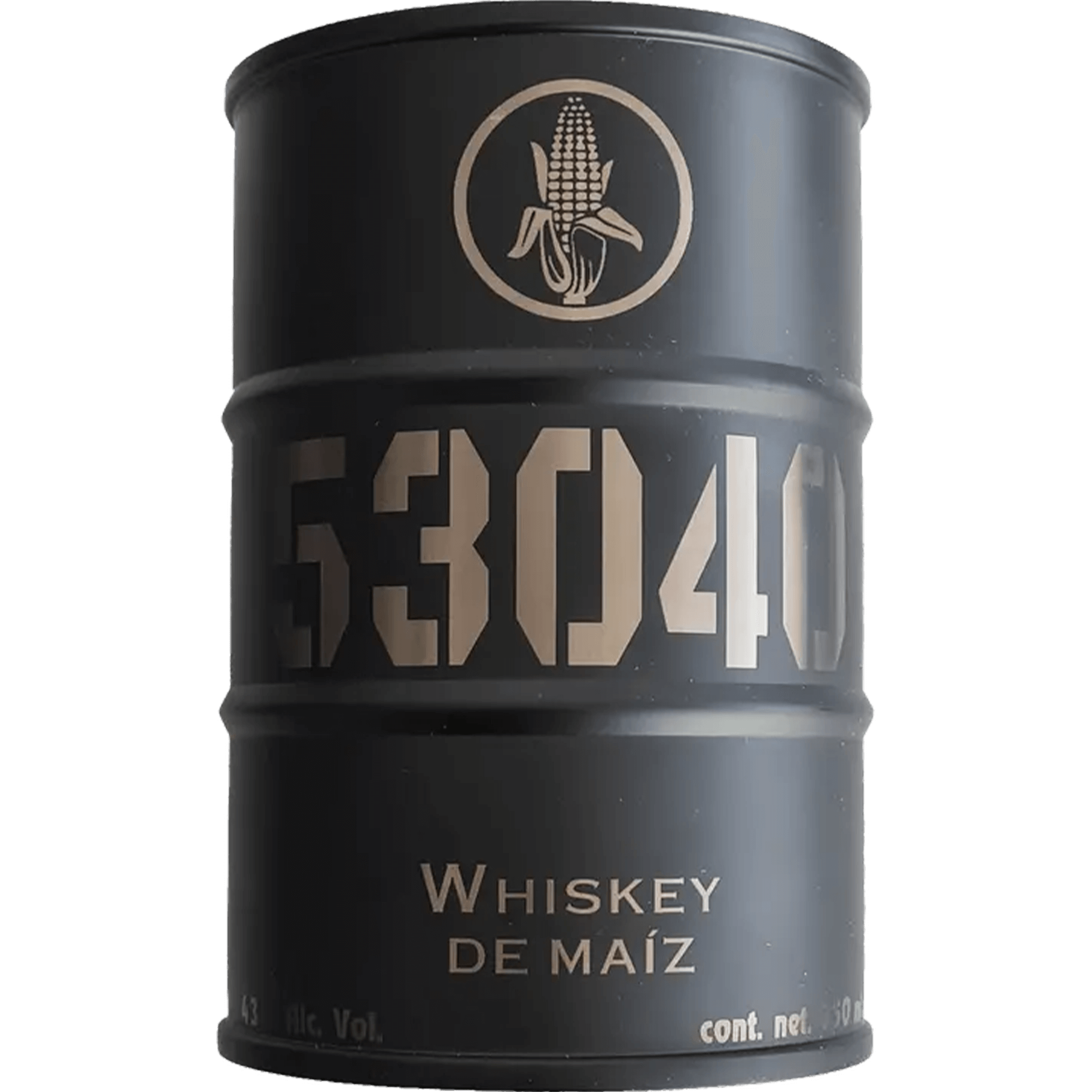 Black whiskey barrel for Whiskey De Maiz 53040, showcasing a corn emblem and elegant design.