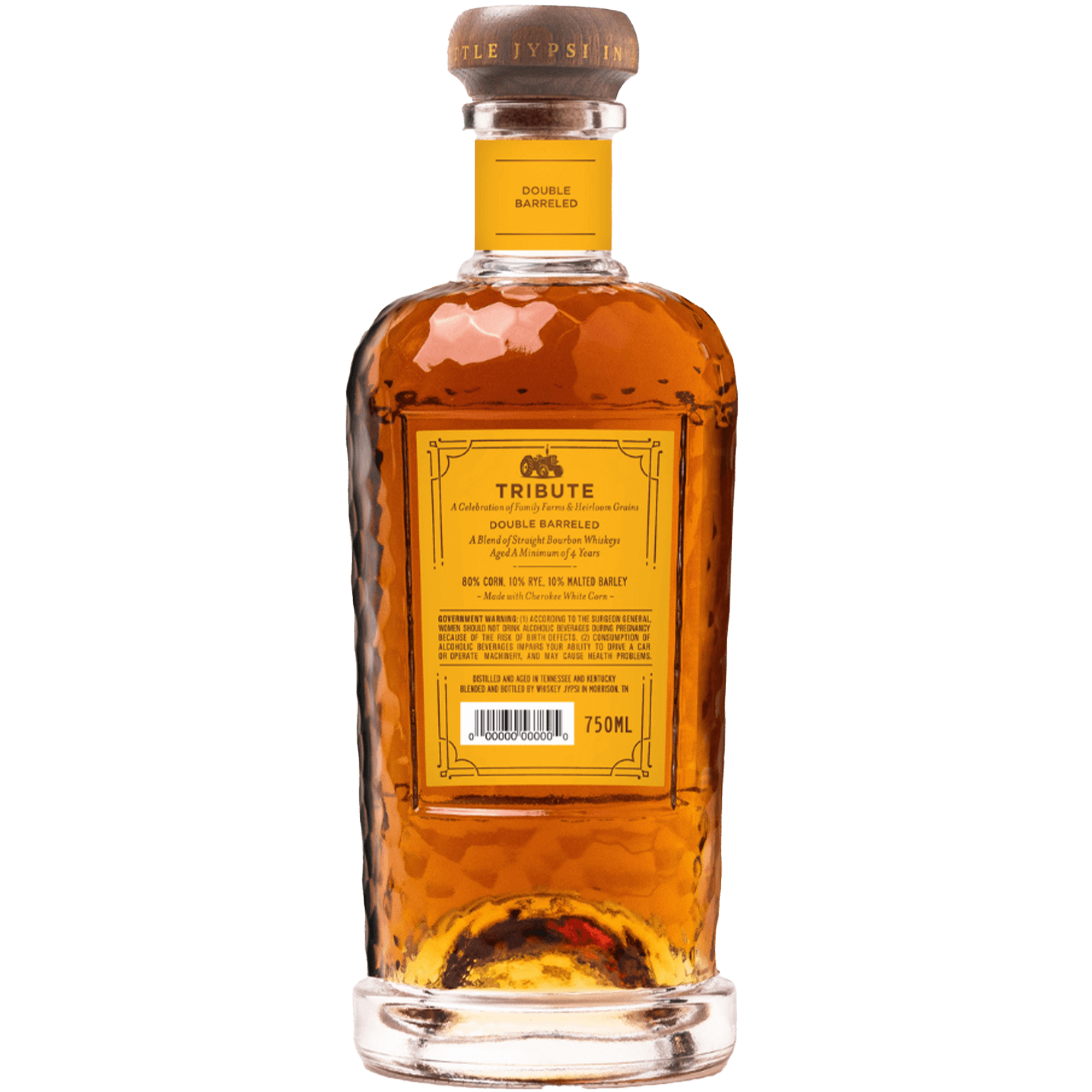 Whiskey JYPSI Tribute Double Barreled Bourbon bottle showcasing rich amber color and unique label design.