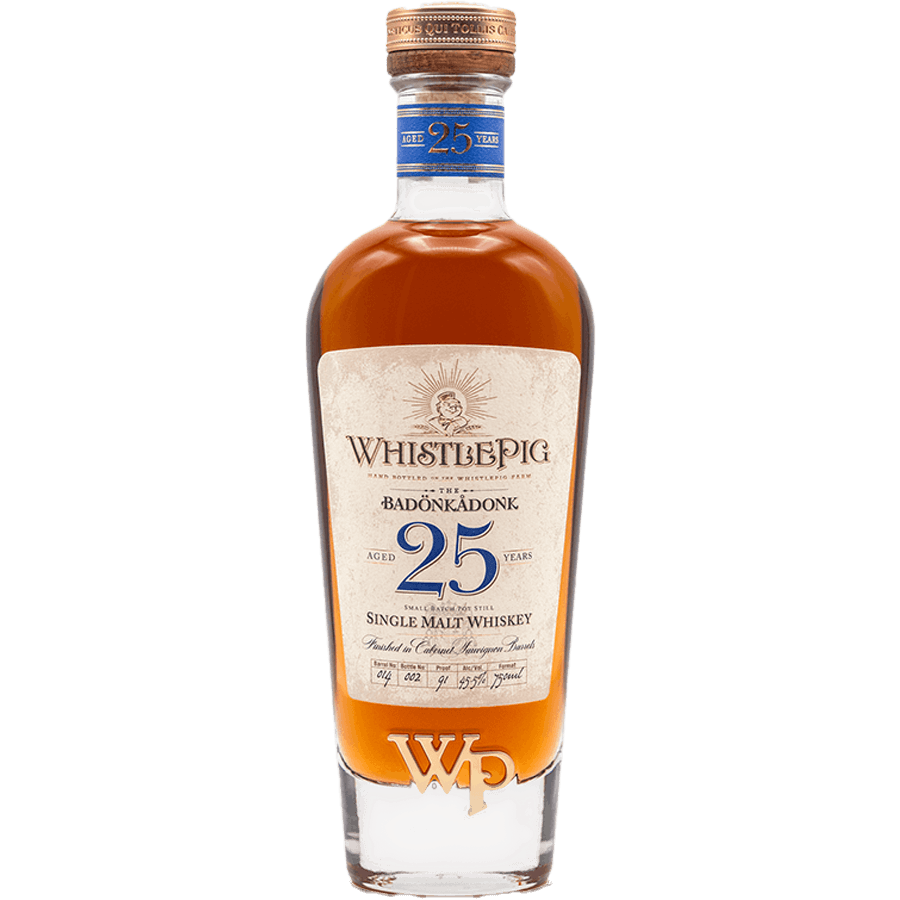 WhistlePig The Badonkadonk 25 Year Single Malt Whiskey bottle, showcasing rich amber color and vintage label.