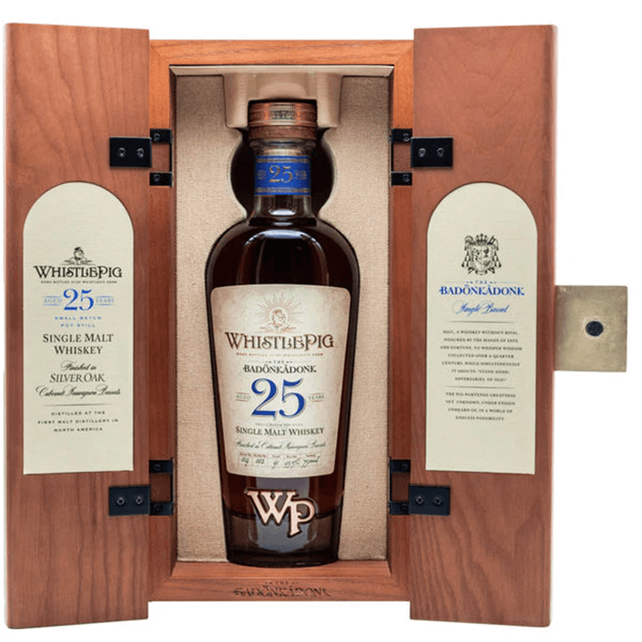 WhistlePig The Badonkadonk 25 Year Single Malt Whiskey in a premium wooden box, showcasing its luxury packaging.