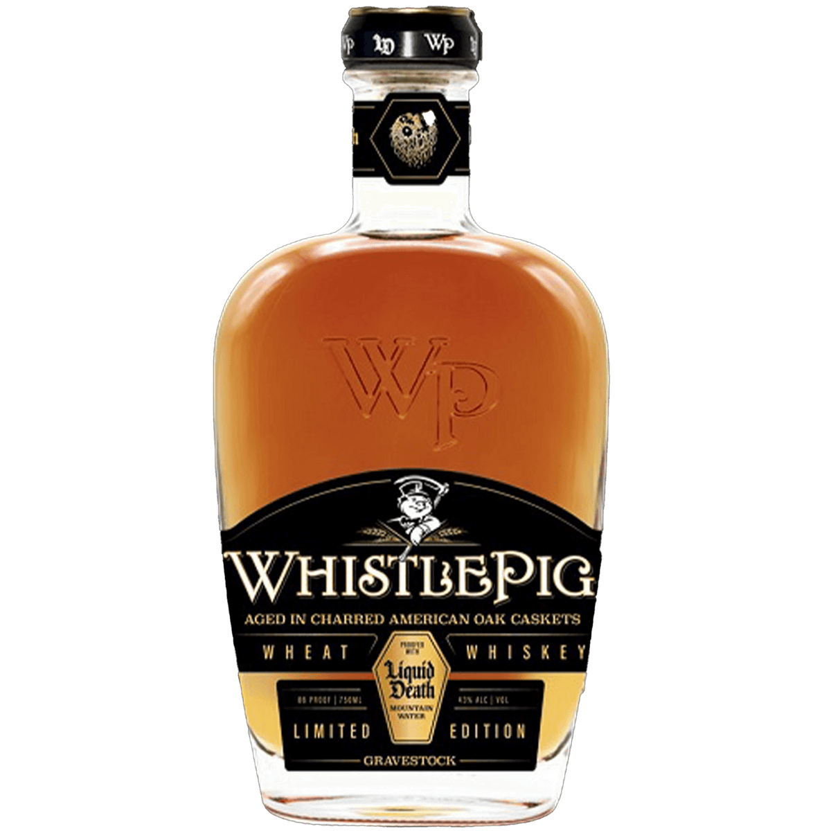 WhistlePig x Liquid Death Gravestock Wheat Whiskey Limited Edition bottle with charred oak design.