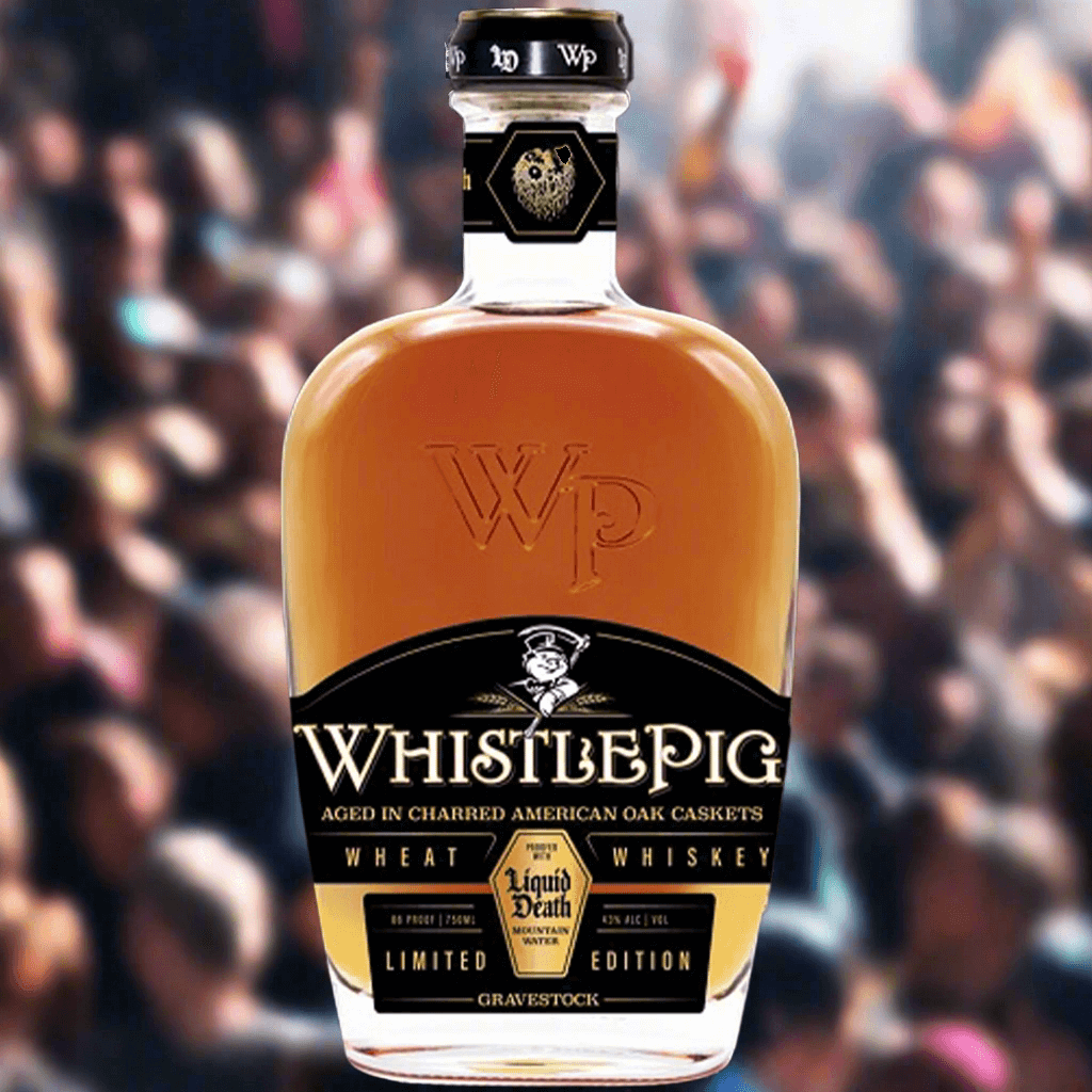 WhistlePig x Liquid Death Gravestock Wheat Whiskey Limited Edition bottle with oak cask background.