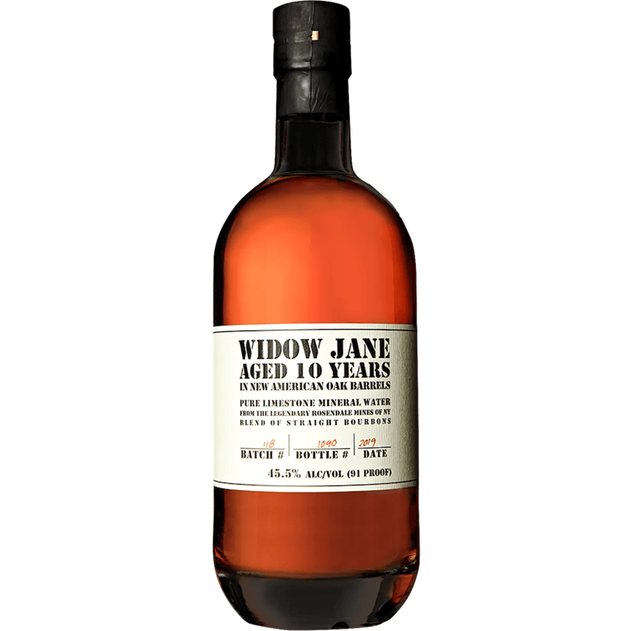 Widow Jane Aged 10 Year Bourbon bottle featuring a rich amber color and unique label design.