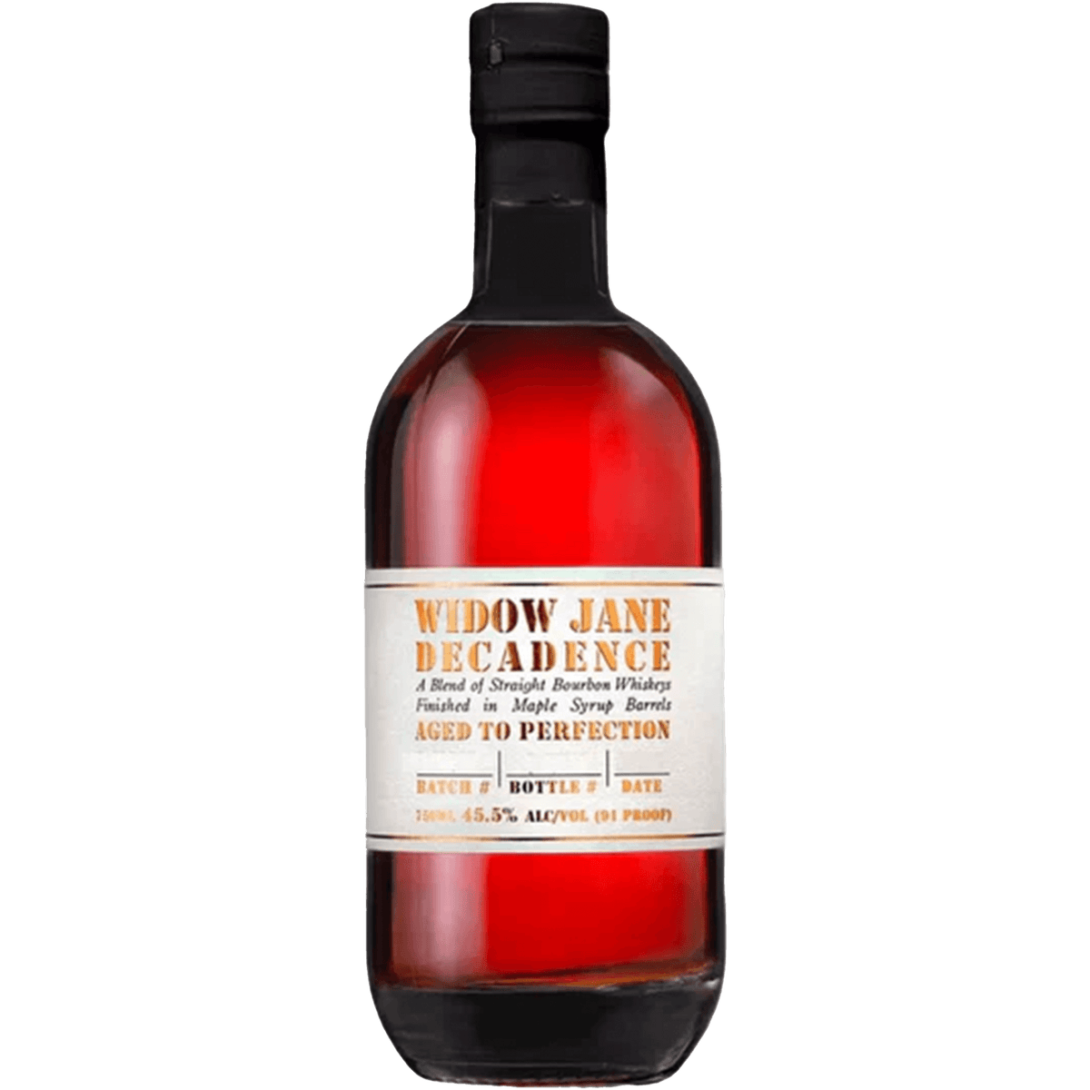 Widow Jane Decadence Bourbon bottle, finished in maple syrup barrels, 45.5% ABV, rich and creamy-smooth whiskey.