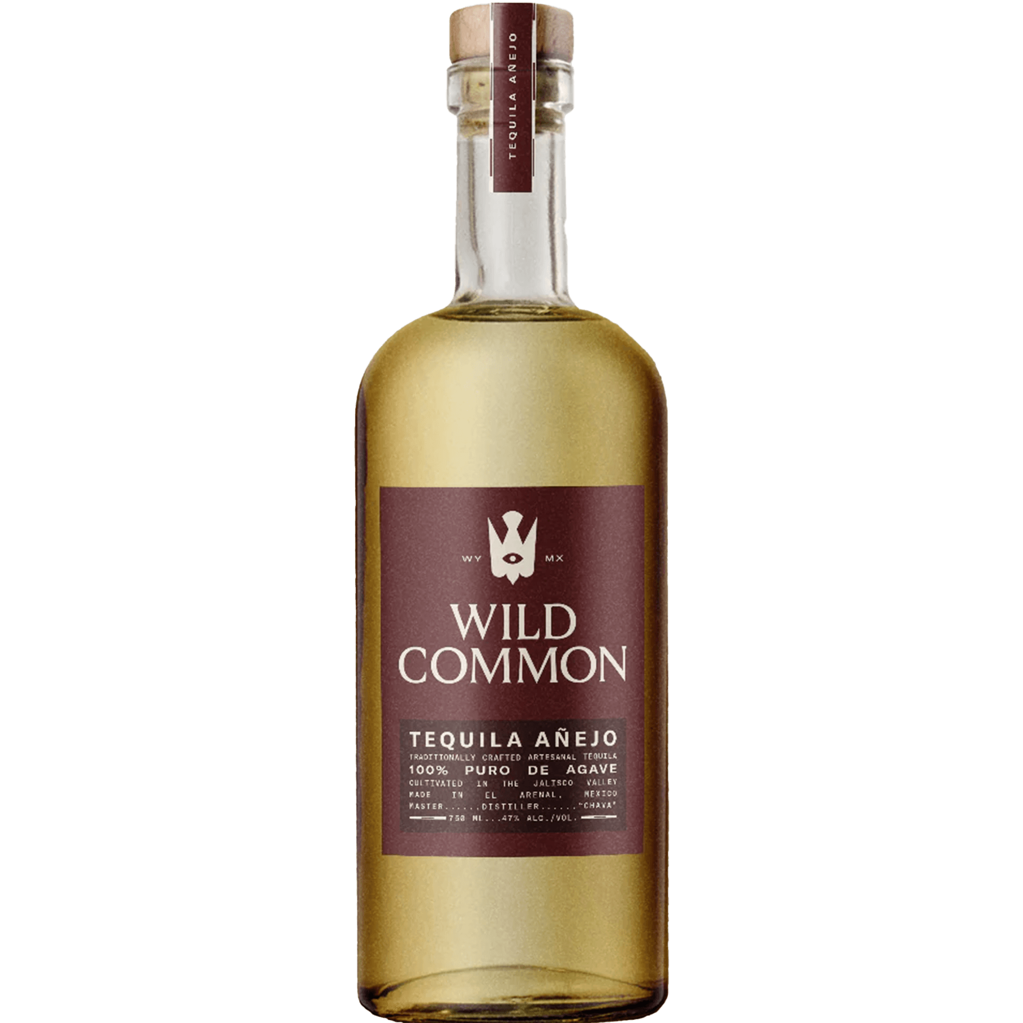 Bottle of Wild Common Añejo Tequila, showcasing its golden color and elegant label, embodying premium craftsmanship.