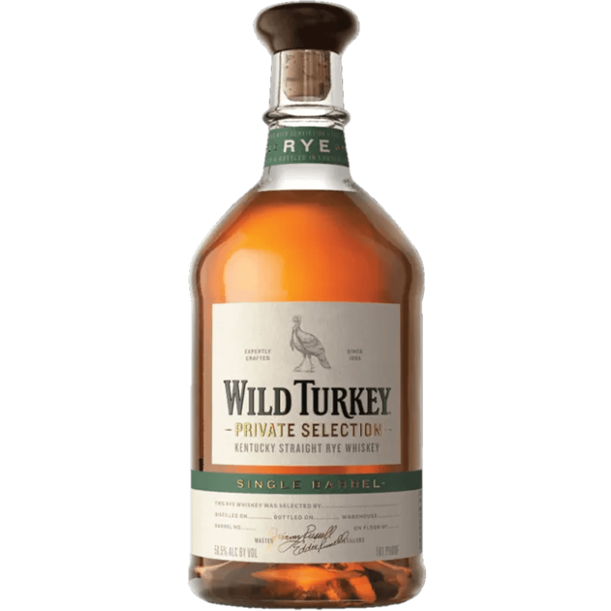 Wild Turkey Private Selection Single Barrel Rye whiskey bottle S3B21 with elegant label and cork stopper.