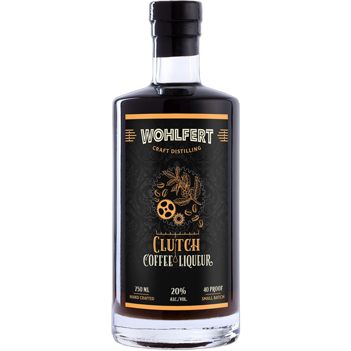 Wohlfert Clutch Coffee Liqueur bottle with handcrafted design, featuring 20% ABV and 40 proof in a sleek glass container.