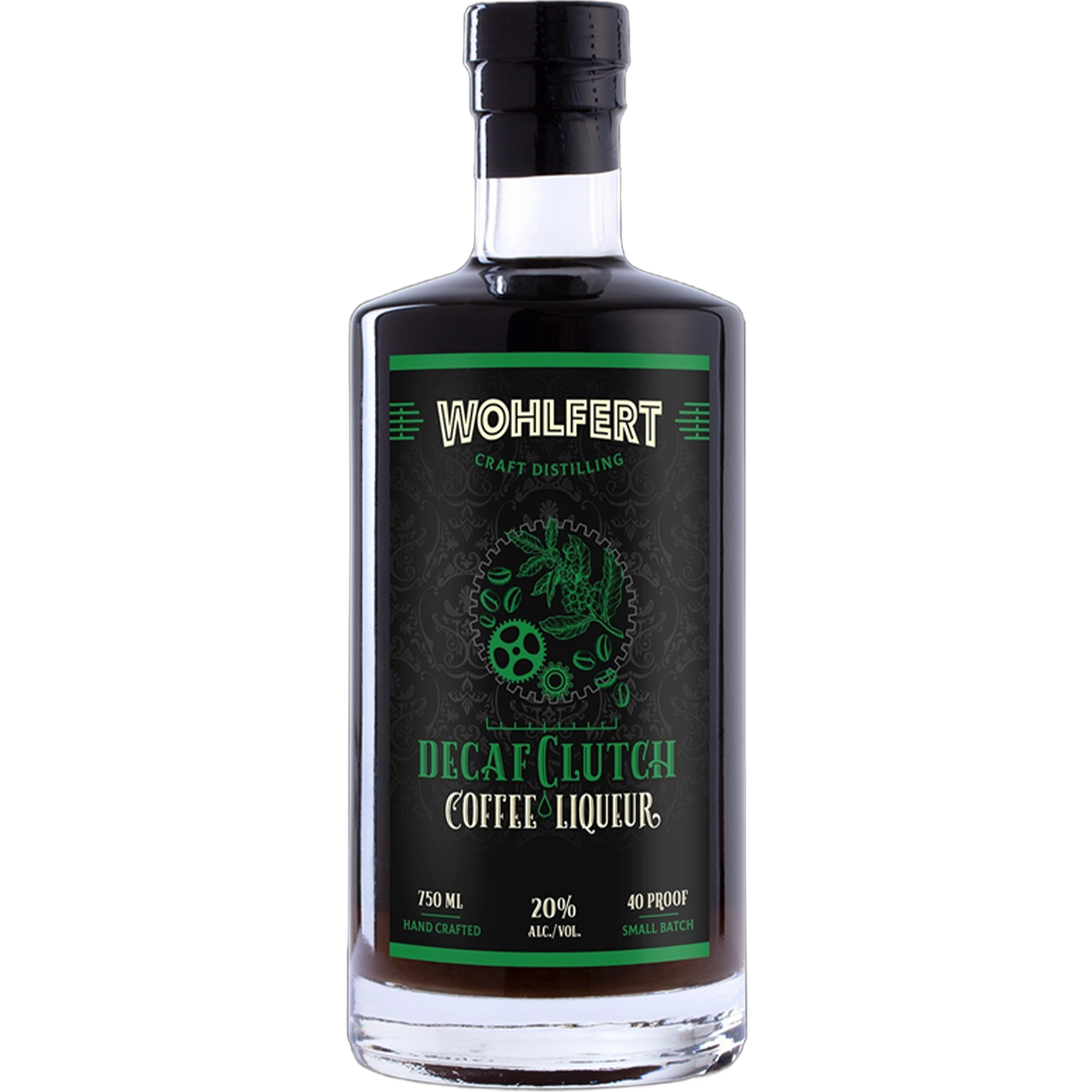 Wohlfert Decaf Clutch Coffee Liqueur bottle, 750ml, 20% ABV, featuring rich espresso and creamy vanilla flavors.