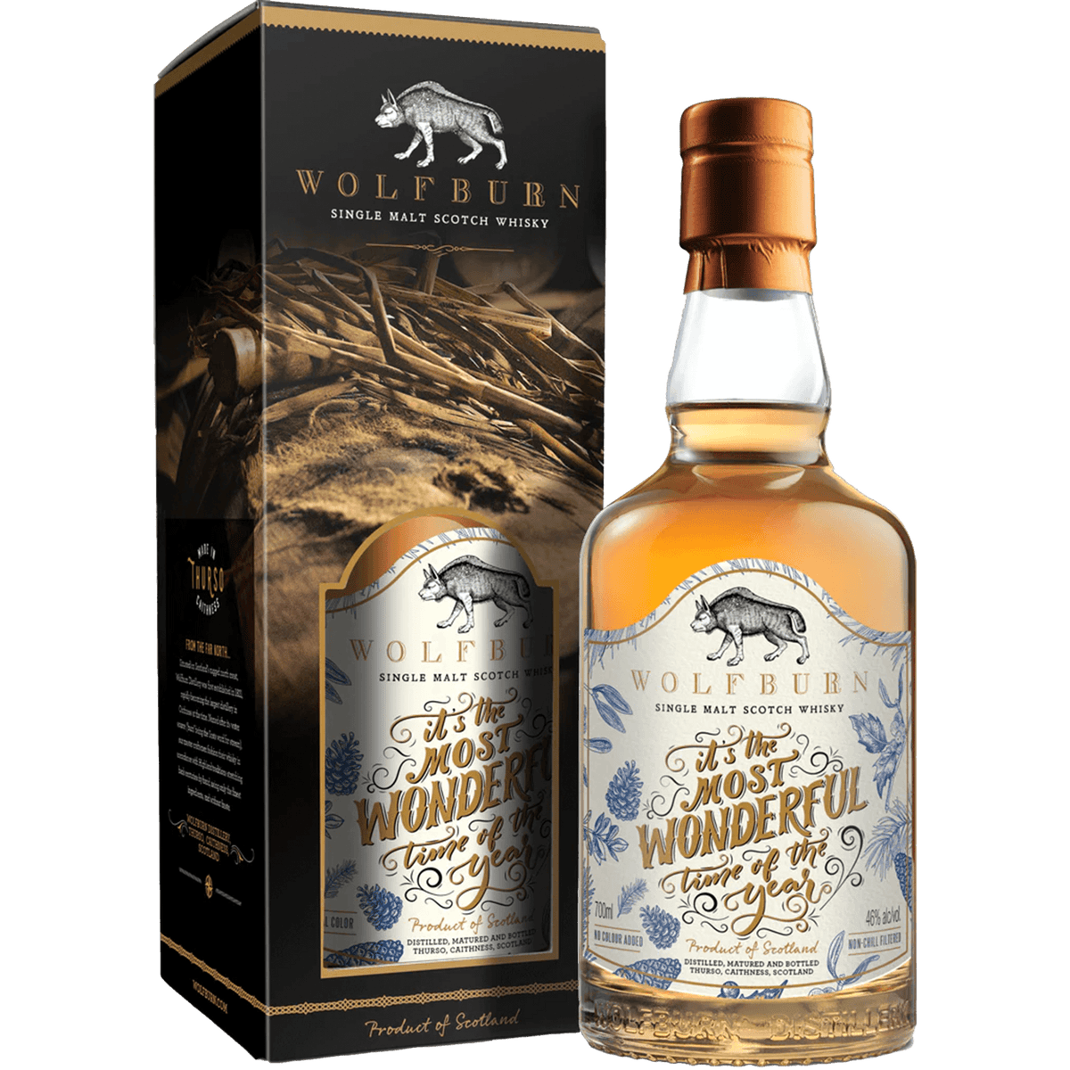 Wolfburn Holiday Edition Single Malt Scotch Whisky 700ml in elegant packaging, embodying festive spirit and fine craftsmanship.