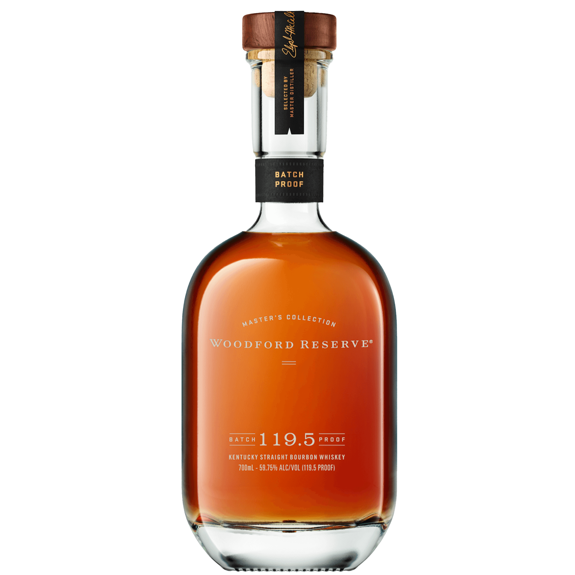 Woodford Reserve Batch Proof bourbon bottle, 119.5 proof, showcasing rich amber color and elegant design.