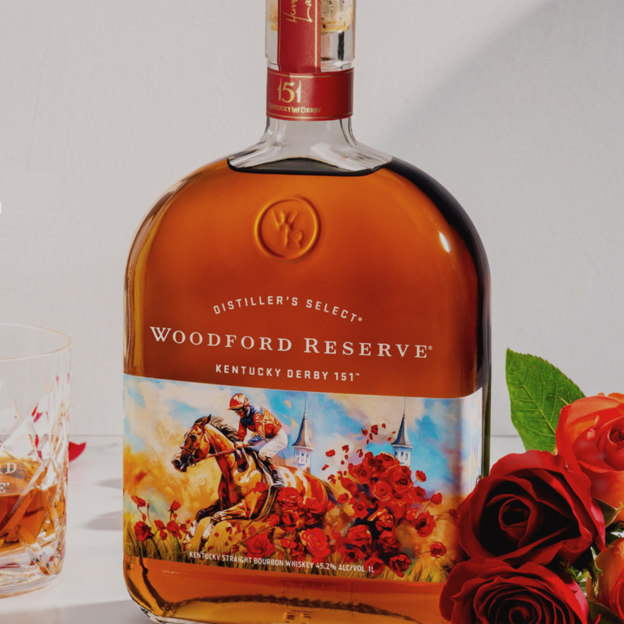 Woodford Reserve Kentucky Derby 151 Bourbon bottle with rose decor, celebrating the 2025 Derby edition.