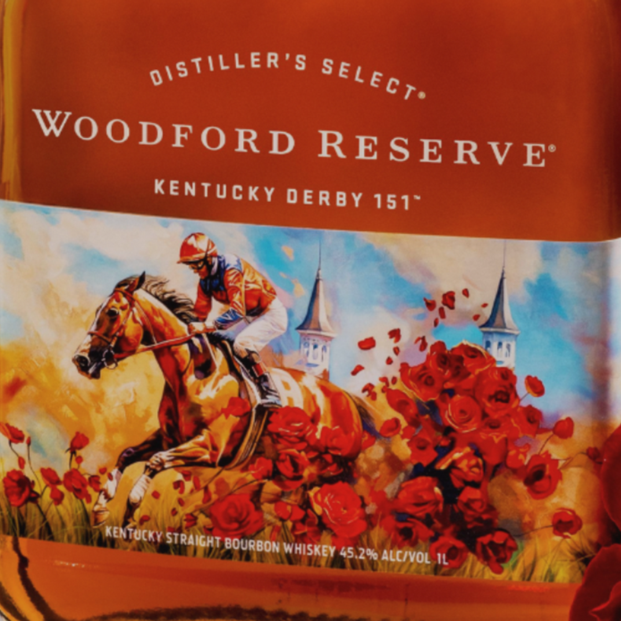 Woodford Reserve Kentucky Derby 151 Bottle 2025 Edition featuring a jockey on a horse surrounded by roses.