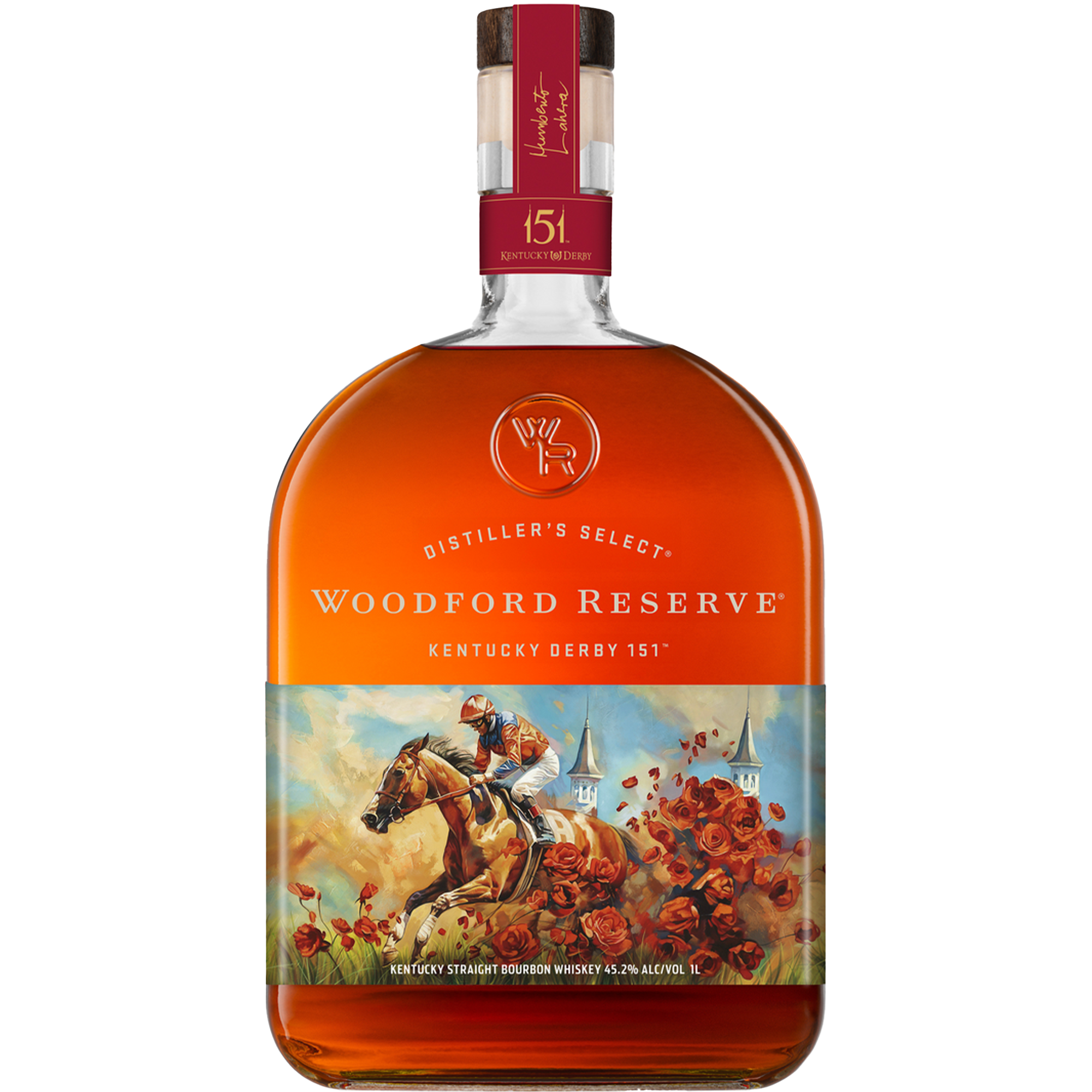 Woodford Reserve Kentucky Derby 151 Bottle 2025 Edition Bourbon with horse racing artwork.