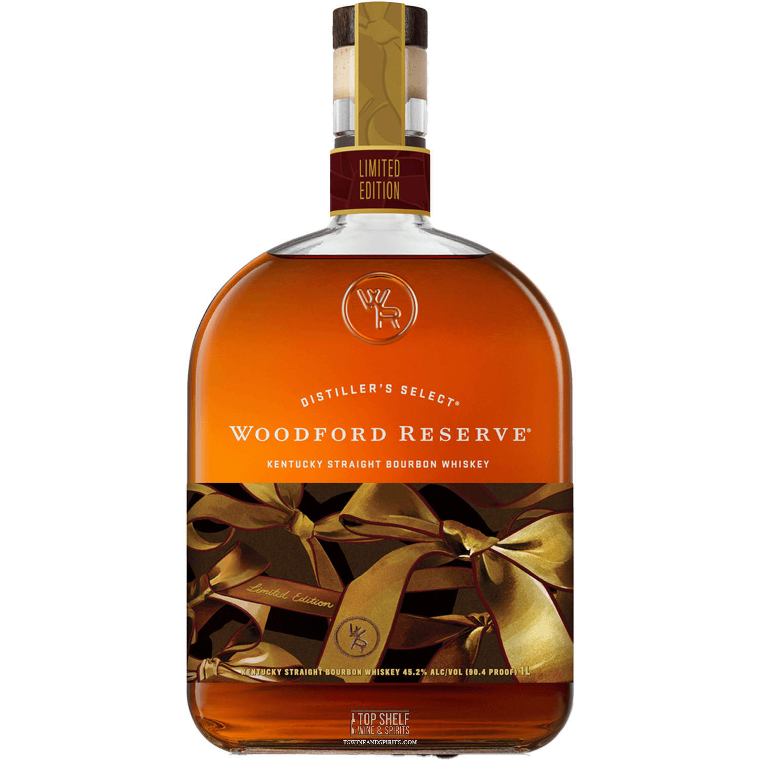 Limited Edition Woodford Reserve 2024 Holiday Bourbon bottle with gold bow, 90.4 proof, perfect for gifting.