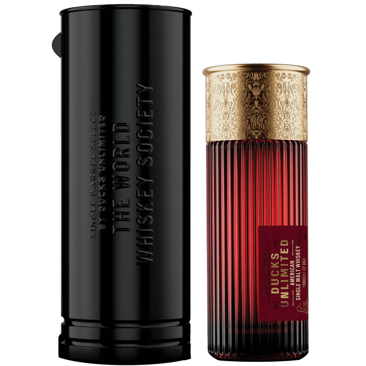 World Whiskey Society Ducks Unlimited American Single Malt whiskey in a stylish bottle and container.