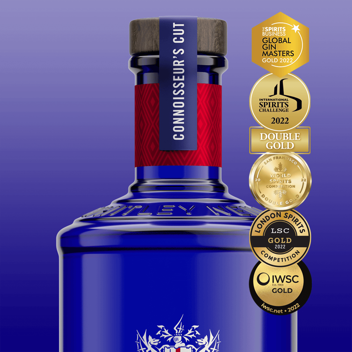 Whitley Neill Connoisseur's Cut London Dry Gin bottle with award medals including Double Gold and Gold.