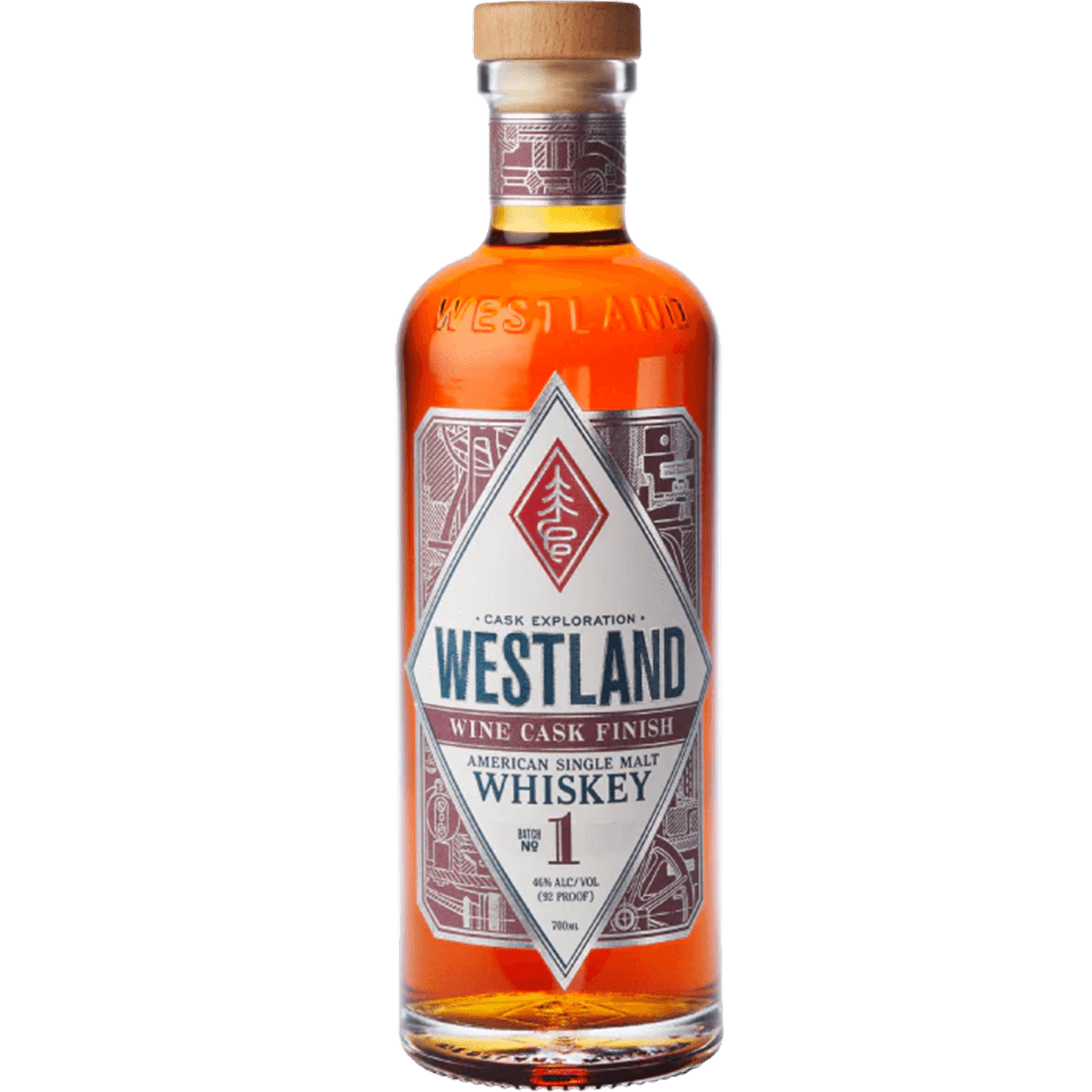 Westland Wine Cask American Single Malt Whiskey Batch 1, showcasing rich color and elegant design, 92 proof.