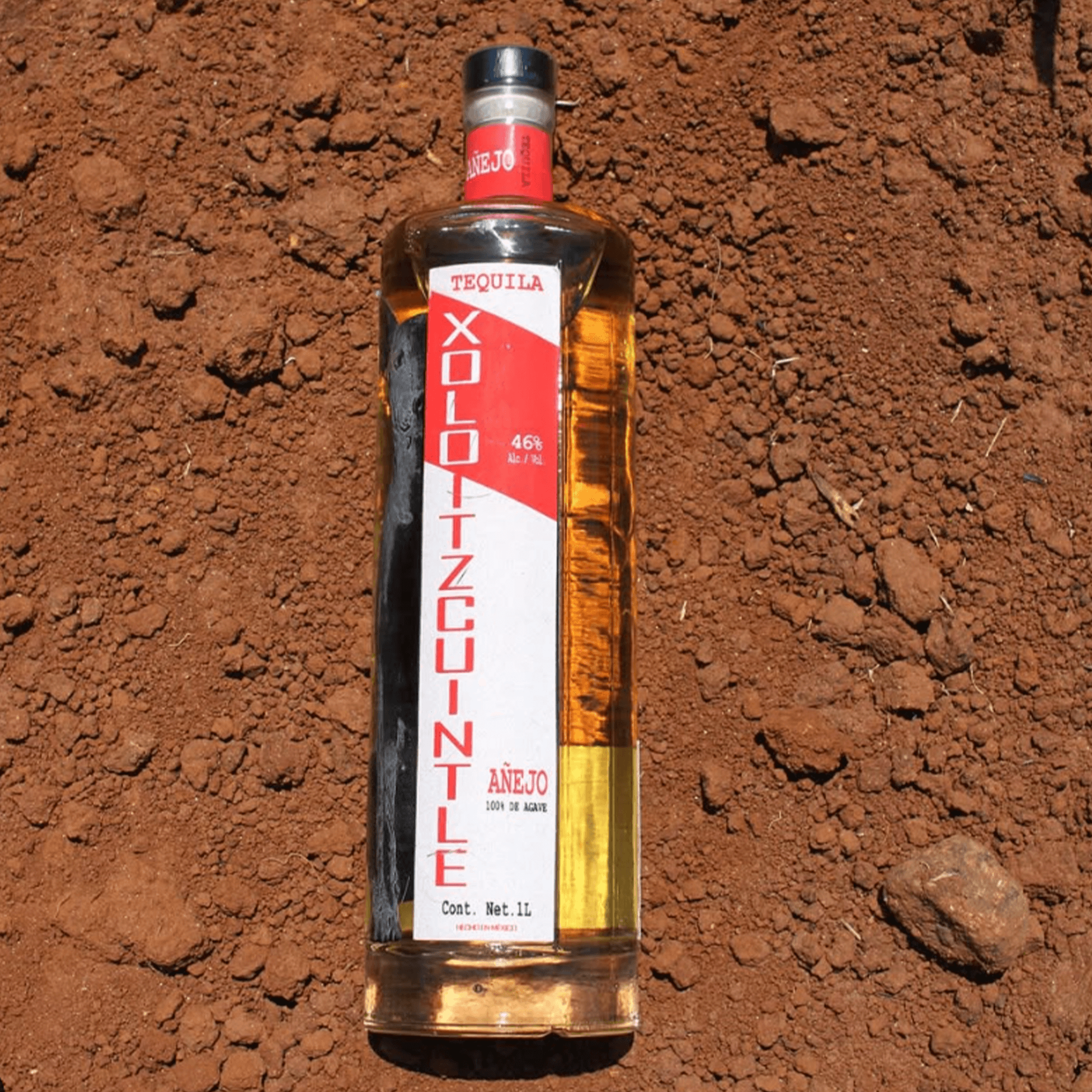 Xoloitzcuintle Añejo Tequila 1L bottle on red earth background, aged for 18 months, rich flavors of oak and vanilla.